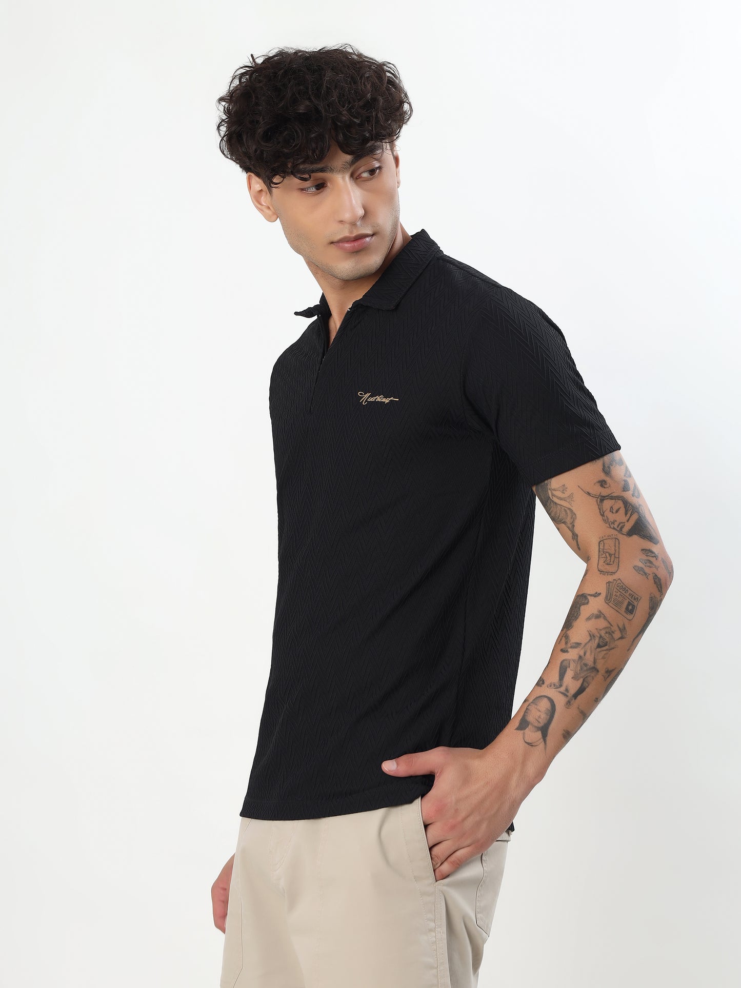 BLACK TEXTURED ZIP POLO T-SHIRT