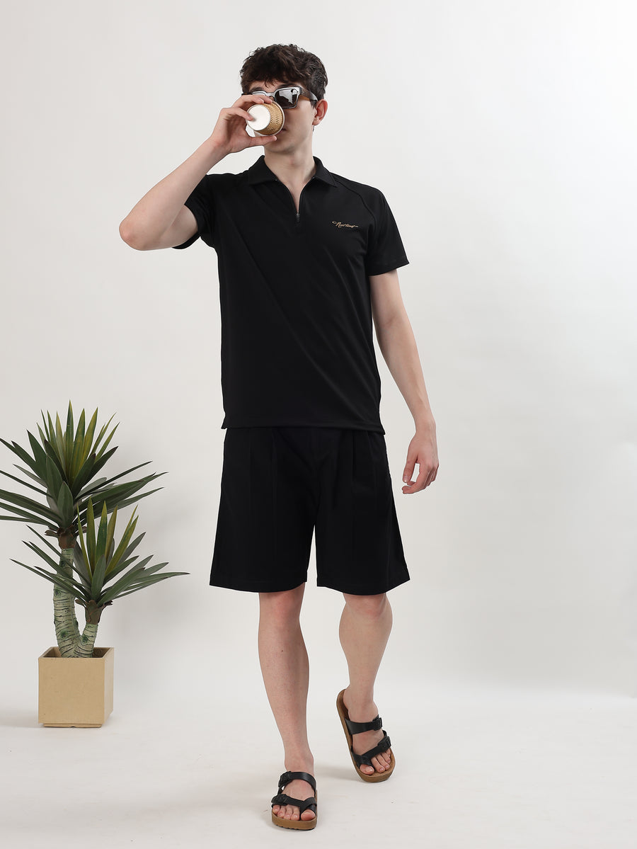 MEN BLACK TEXTURED HALF-ZIP POLO T-SHIRT