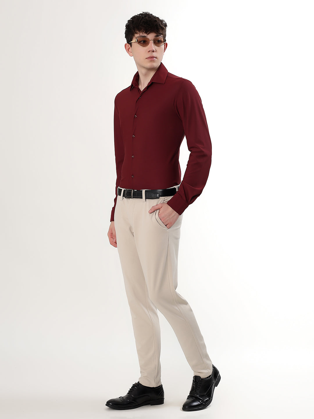 BURGUNDY PREMIUM STRETCH KNIT / NYLON-SPANDEX BLEND FULL SLEEVE SLIM FIT SHIRT