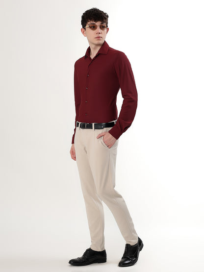 BURGUNDY PREMIUM STRETCH KNIT / NYLON-SPANDEX BLEND FULL SLEEVE SLIM FIT SHIRT