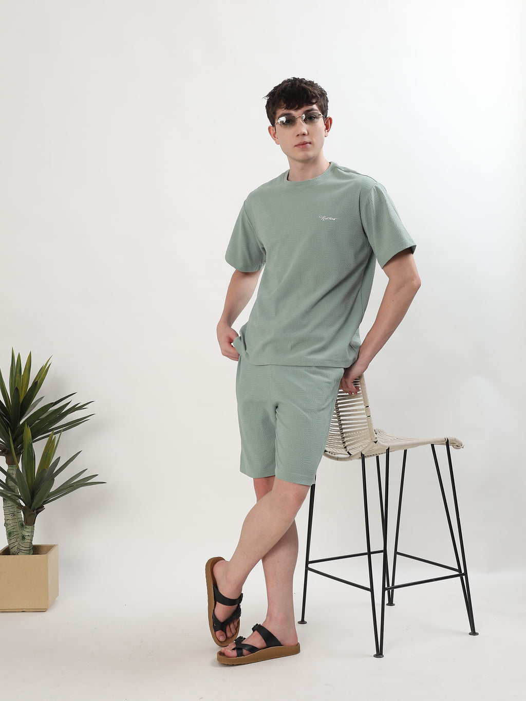 MEN MINT GREEN TEXTURED T-SHIRT AND SHORTS CO-ORD SET