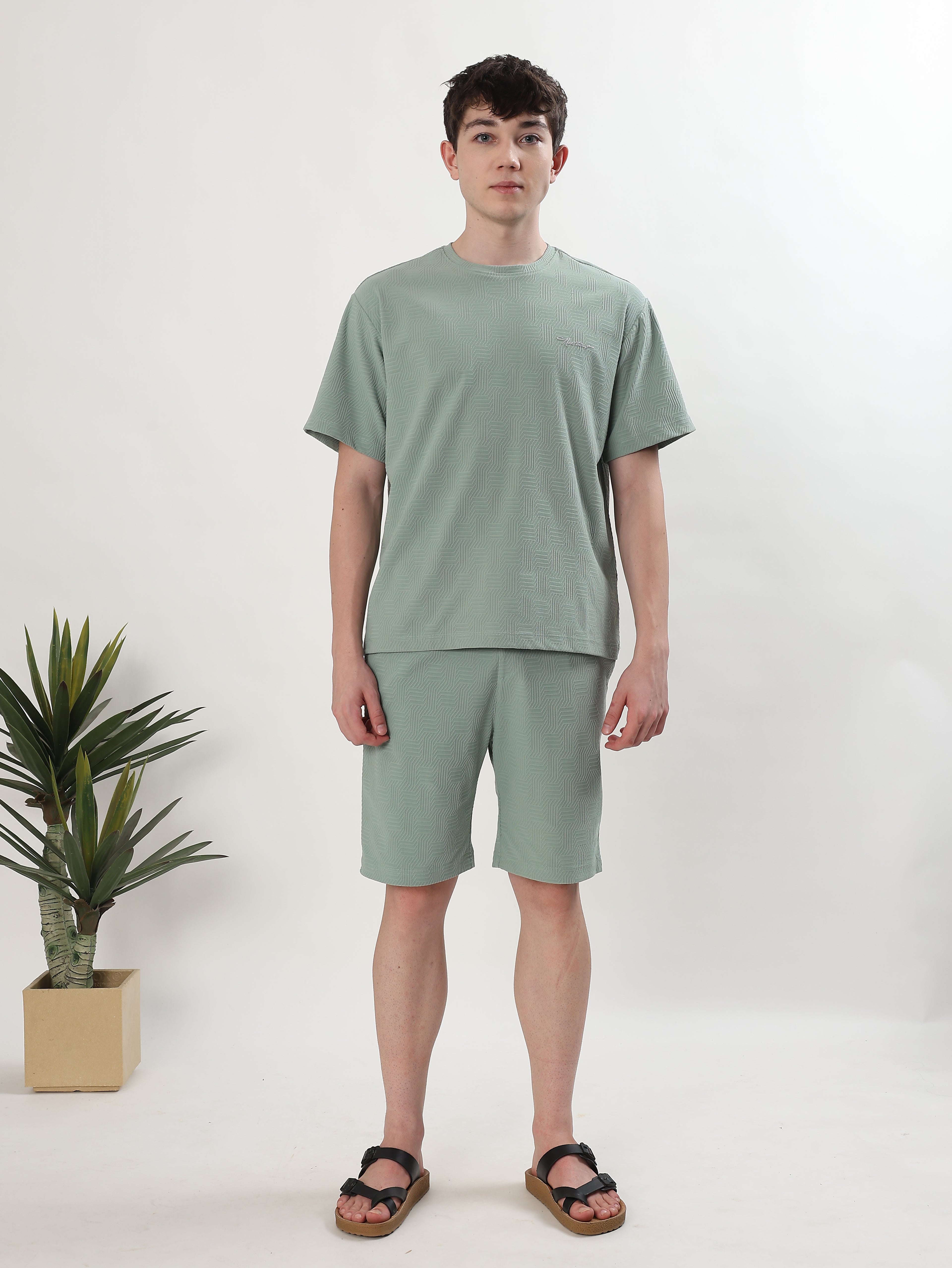 MEN MINT GREEN TEXTURED T-SHIRT AND SHORTS CO-ORD SET