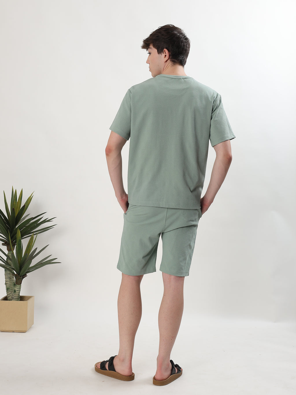 MEN MINT GREEN TEXTURED T-SHIRT AND SHORTS CO-ORD SET