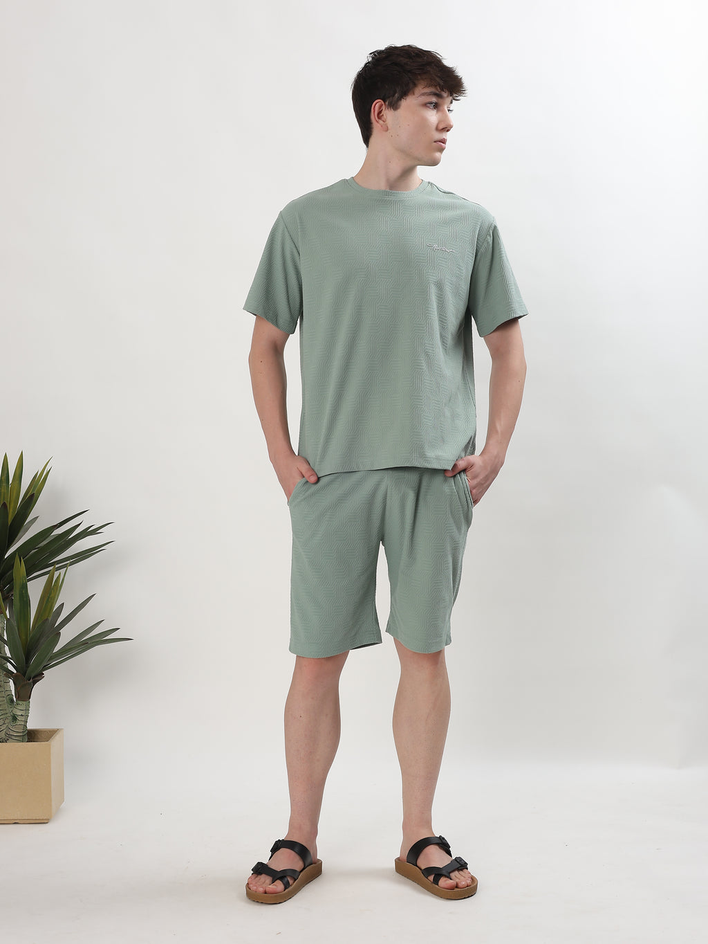 MEN MINT GREEN TEXTURED T-SHIRT AND SHORTS CO-ORD SET