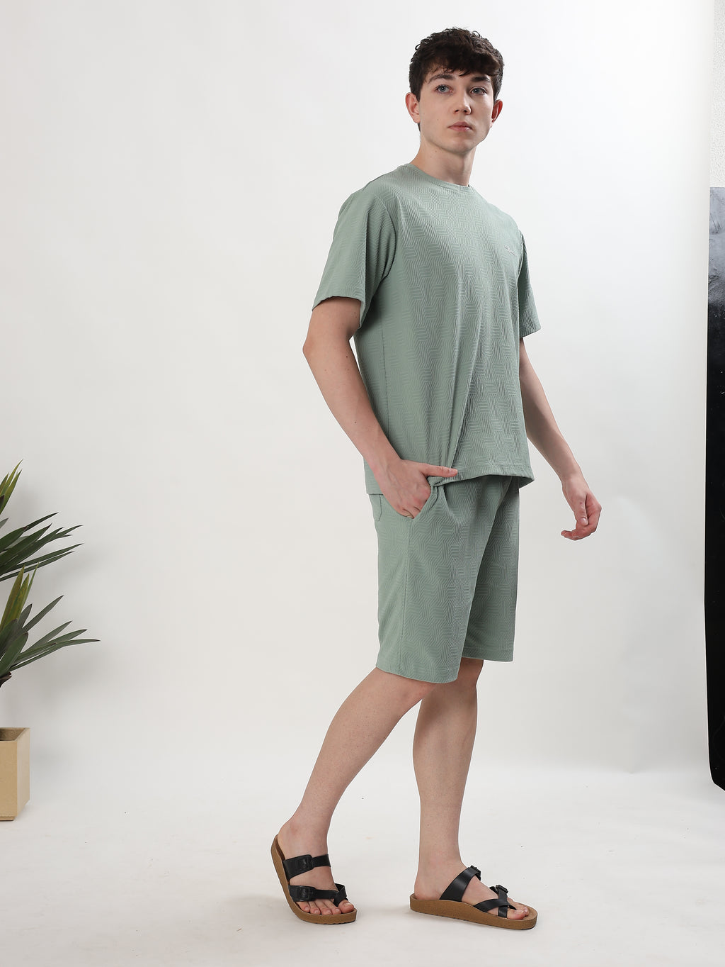 MEN MINT GREEN TEXTURED T-SHIRT AND SHORTS CO-ORD SET