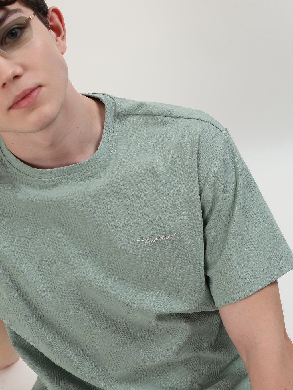 MEN MINT GREEN TEXTURED T-SHIRT AND SHORTS CO-ORD SET