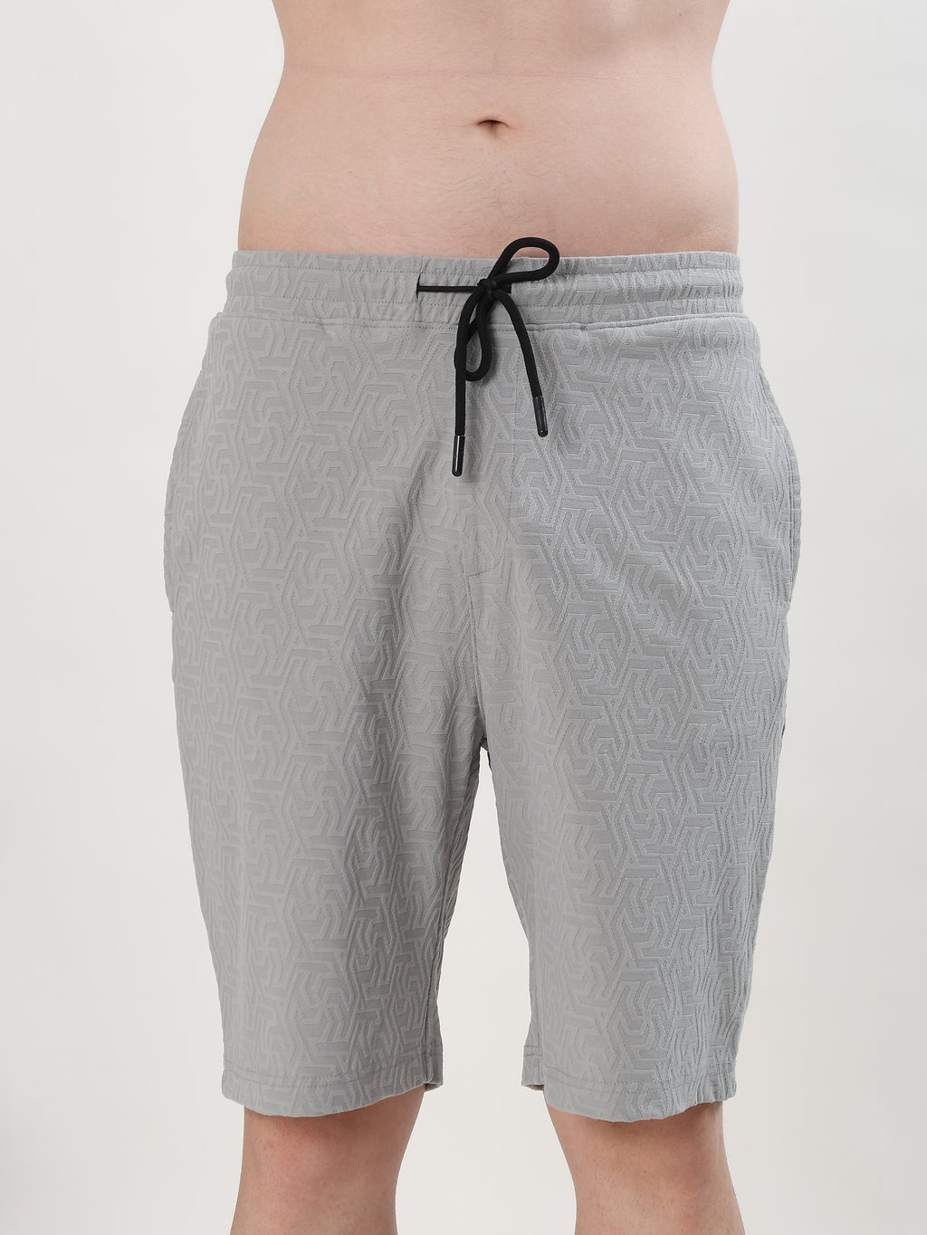 MEN GREY TEXTURED POLO T-SHIRT AND SHORTS CO-ORD SET