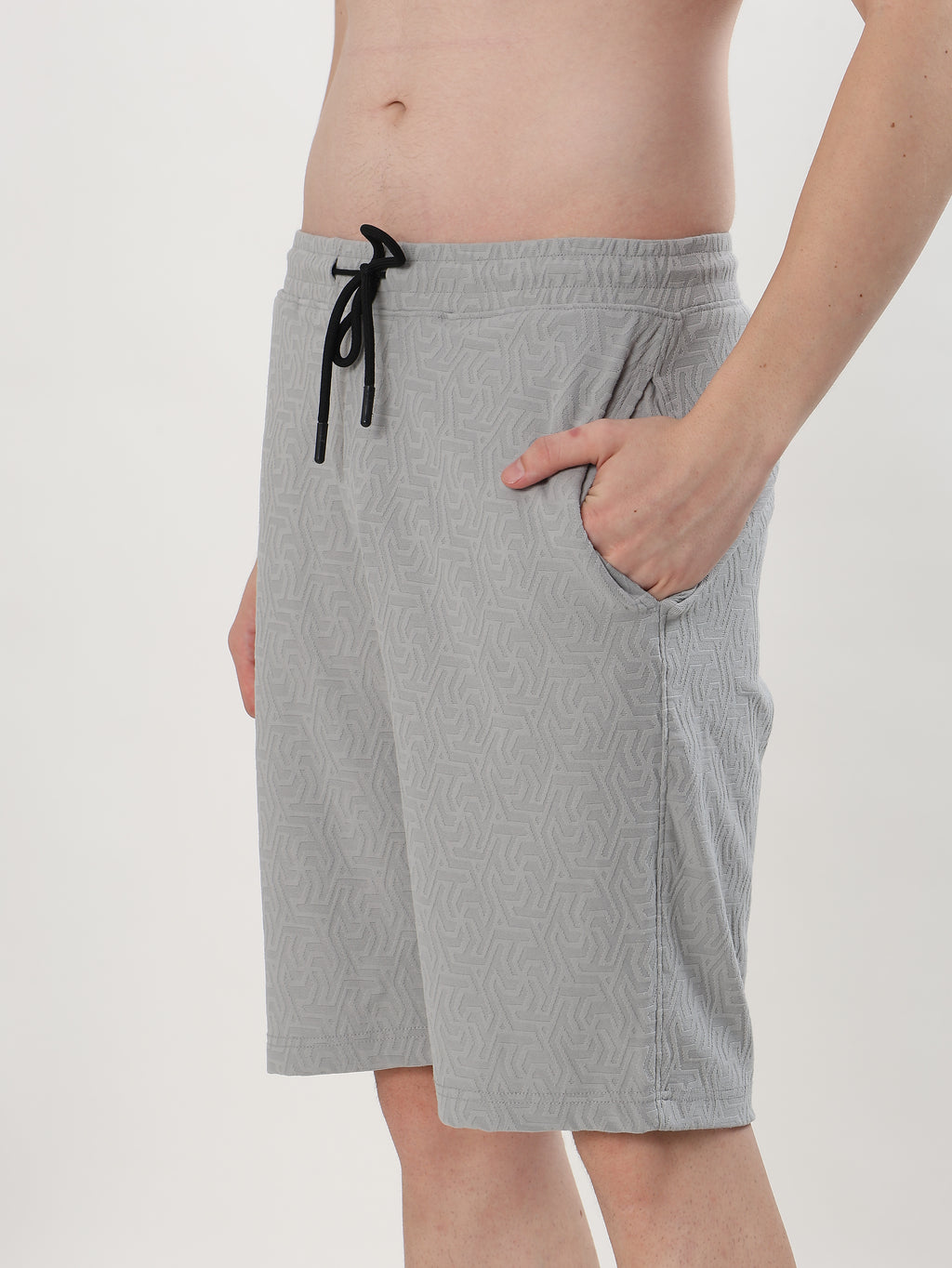 MEN GREY TEXTURED POLO T-SHIRT AND SHORTS CO-ORD SET