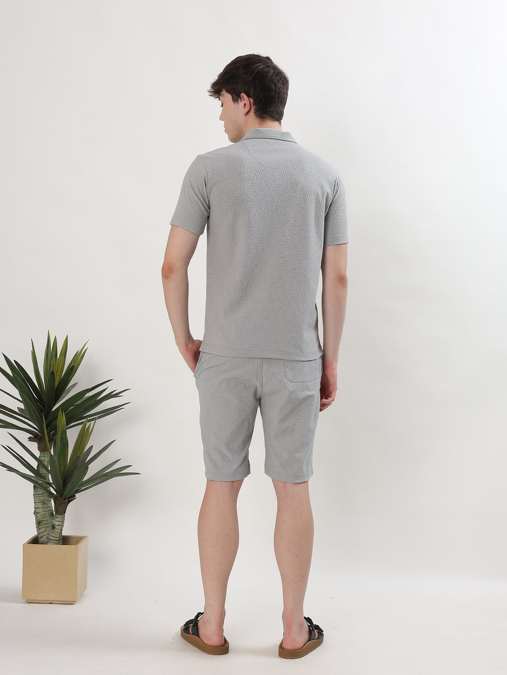 MEN GREY TEXTURED POLO T-SHIRT AND SHORTS CO-ORD SET