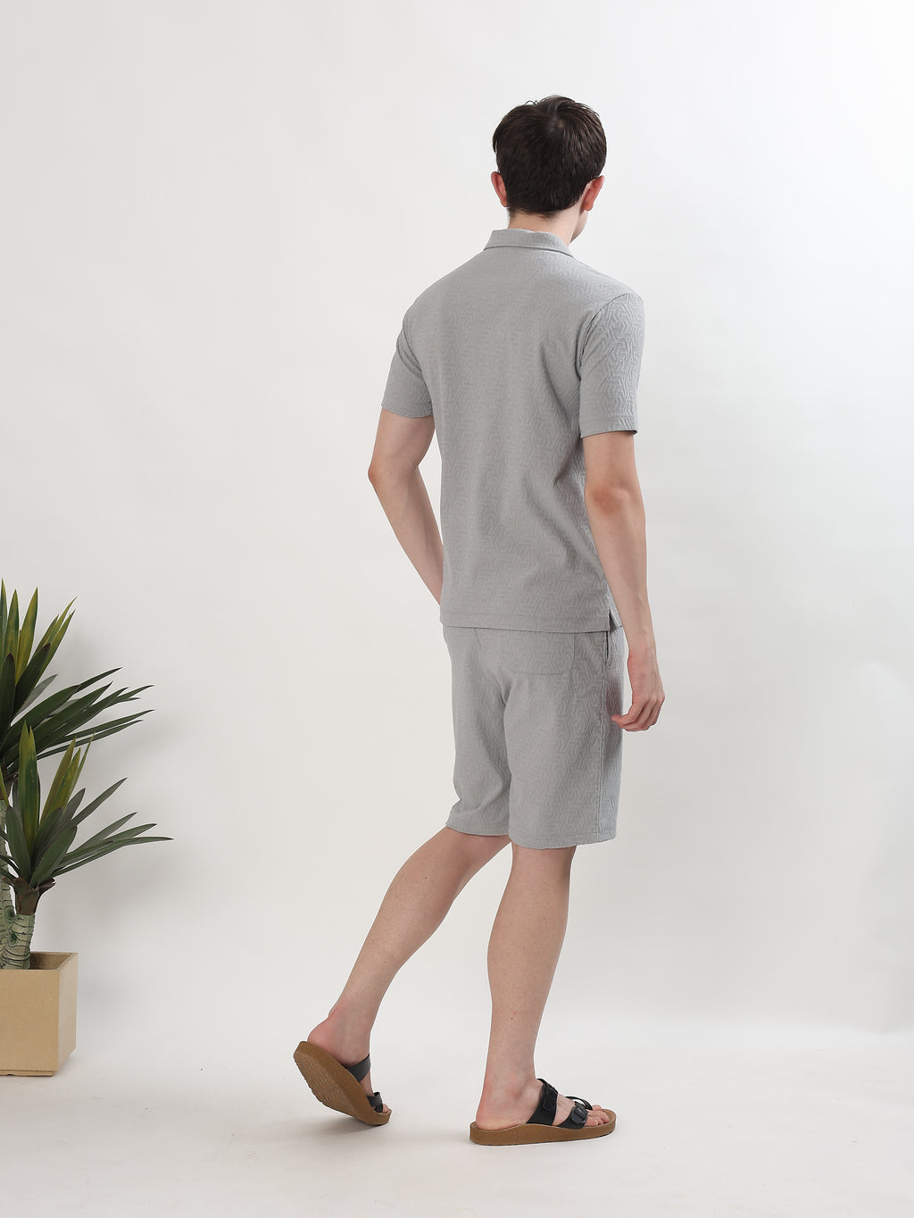 MEN GREY TEXTURED POLO T-SHIRT AND SHORTS CO-ORD SET