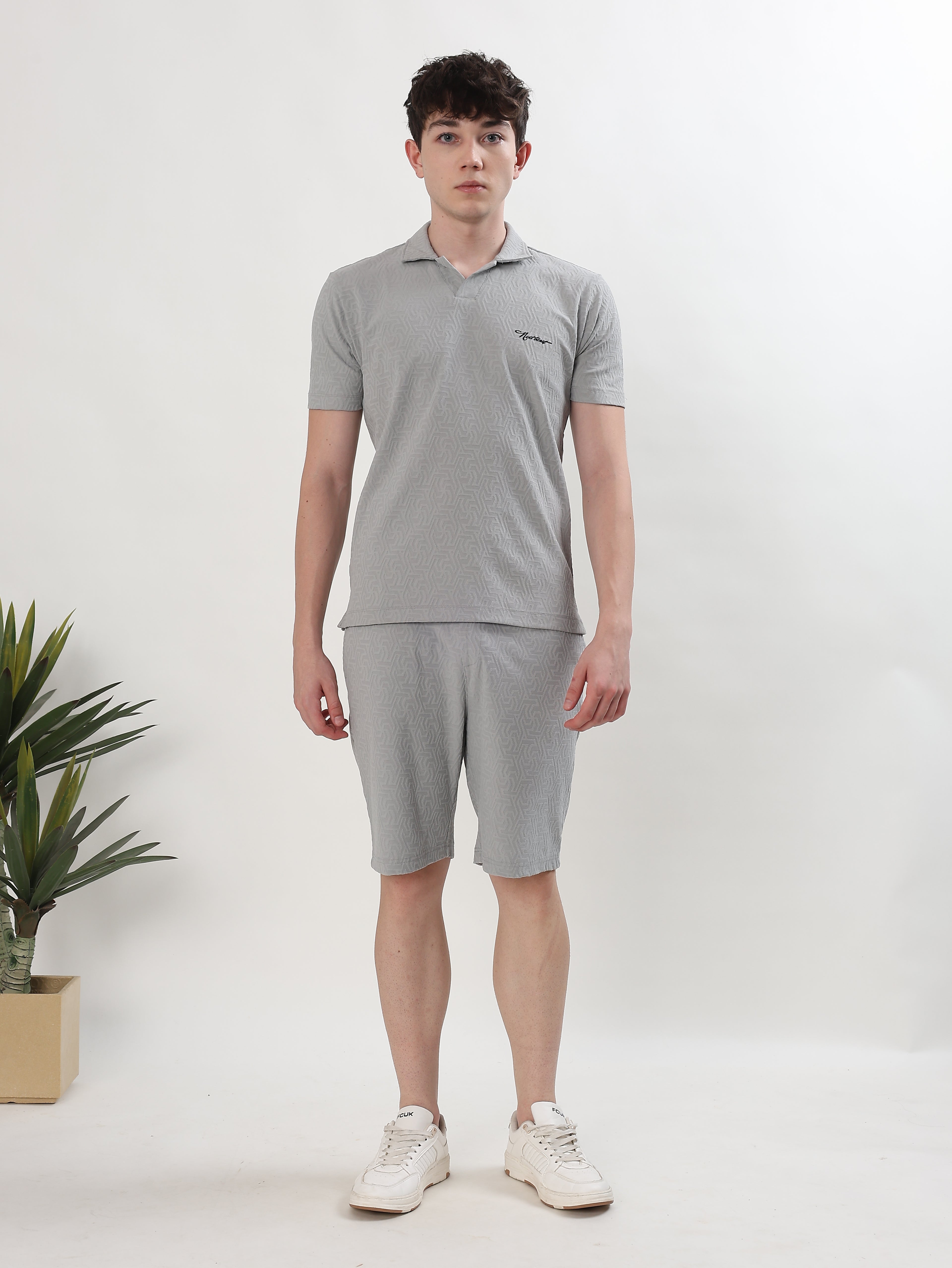 MEN GREY TEXTURED POLO T-SHIRT AND SHORTS CO-ORD SET