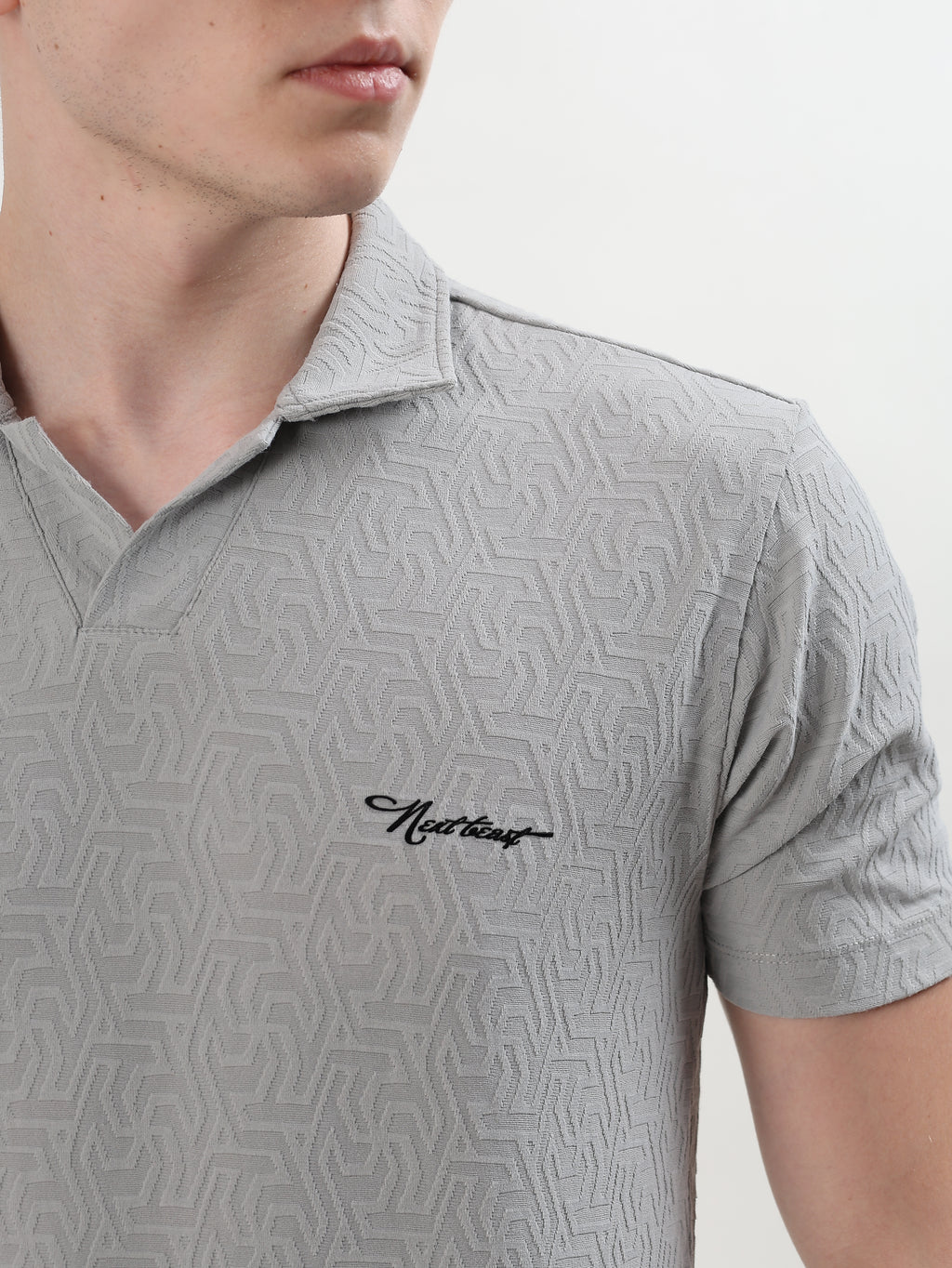 MEN GREY TEXTURED POLO T-SHIRT AND SHORTS CO-ORD SET