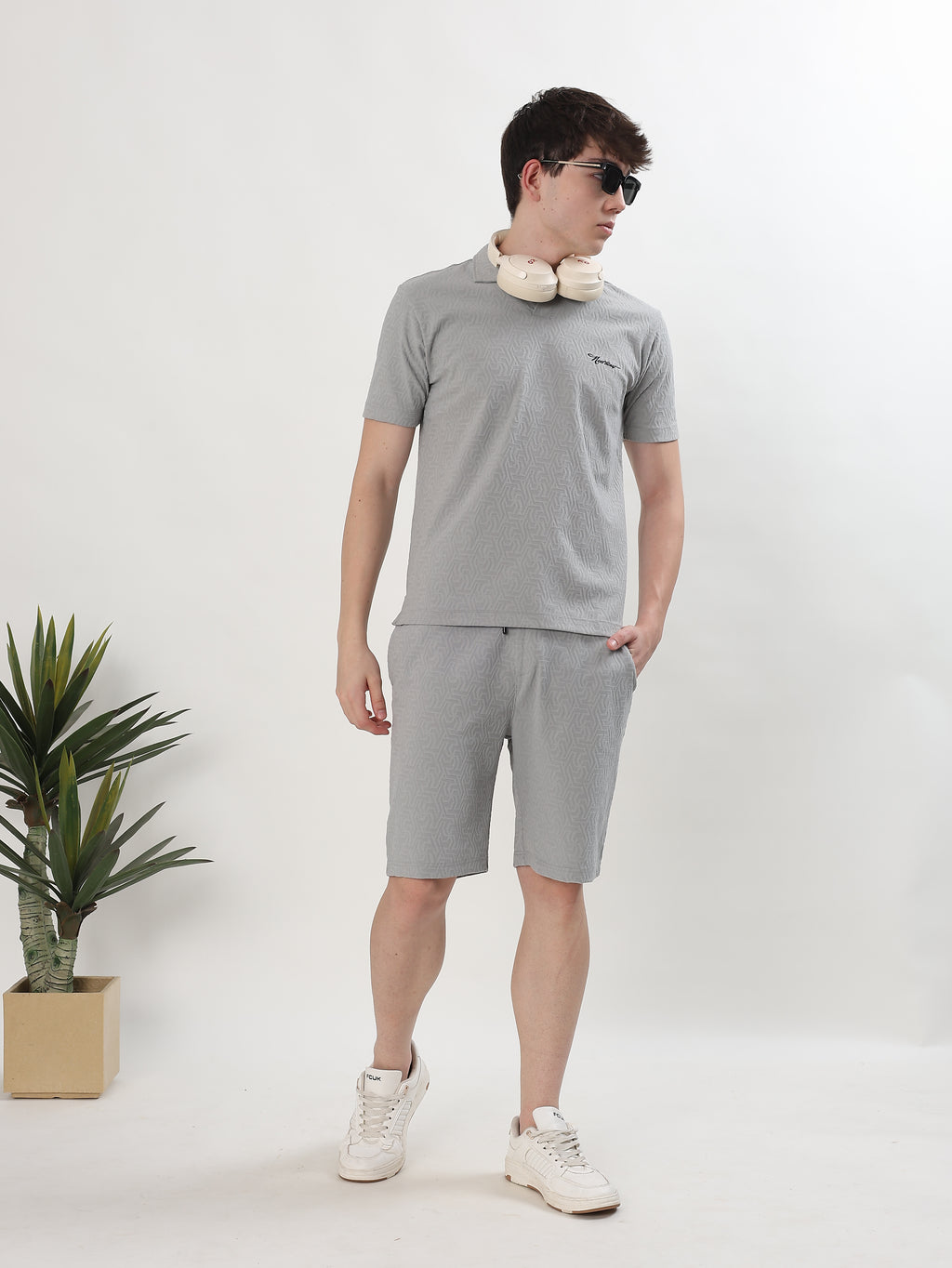 MEN GREY TEXTURED POLO T-SHIRT AND SHORTS CO-ORD SET