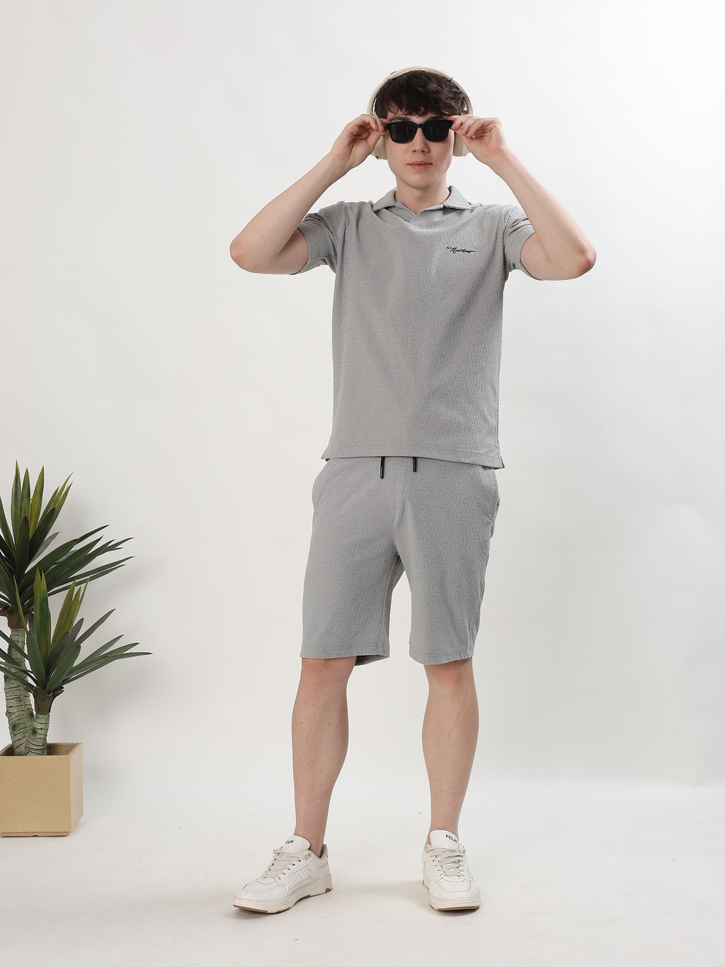 MEN GREY TEXTURED POLO T-SHIRT AND SHORTS CO-ORD SET