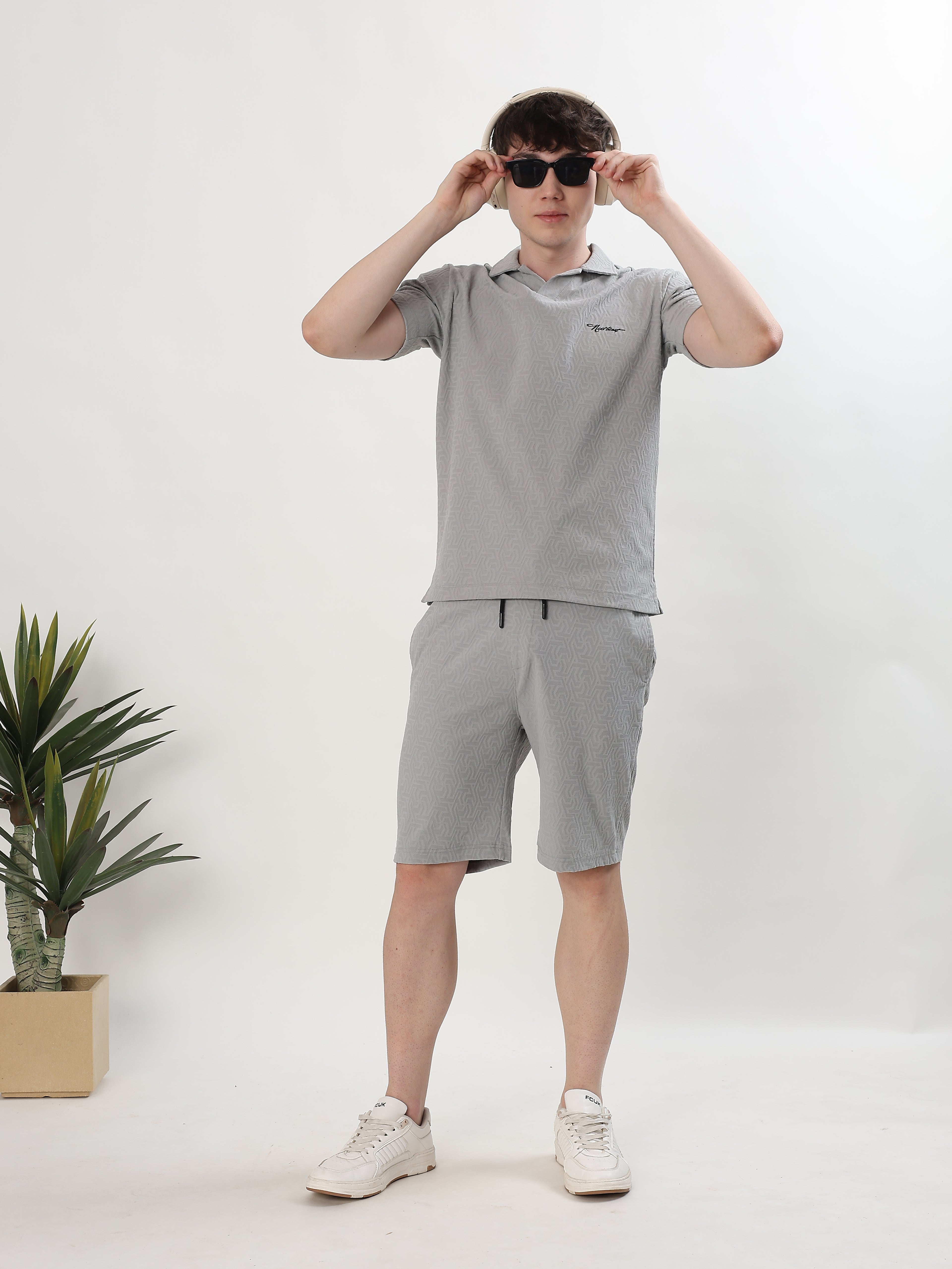 MEN GREY TEXTURED POLO T-SHIRT AND SHORTS CO-ORD SET