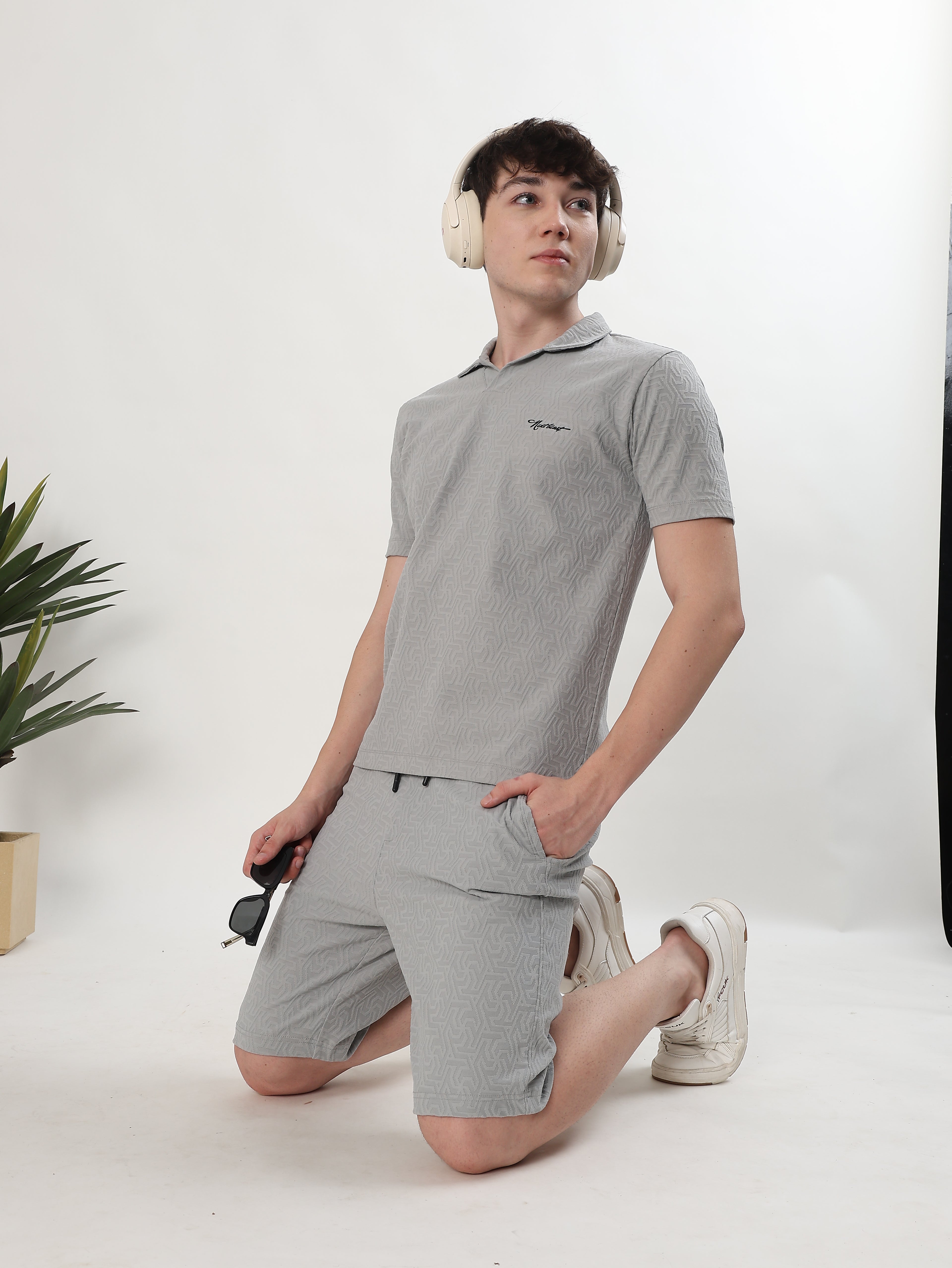 MEN GREY TEXTURED POLO T-SHIRT AND SHORTS CO-ORD SET