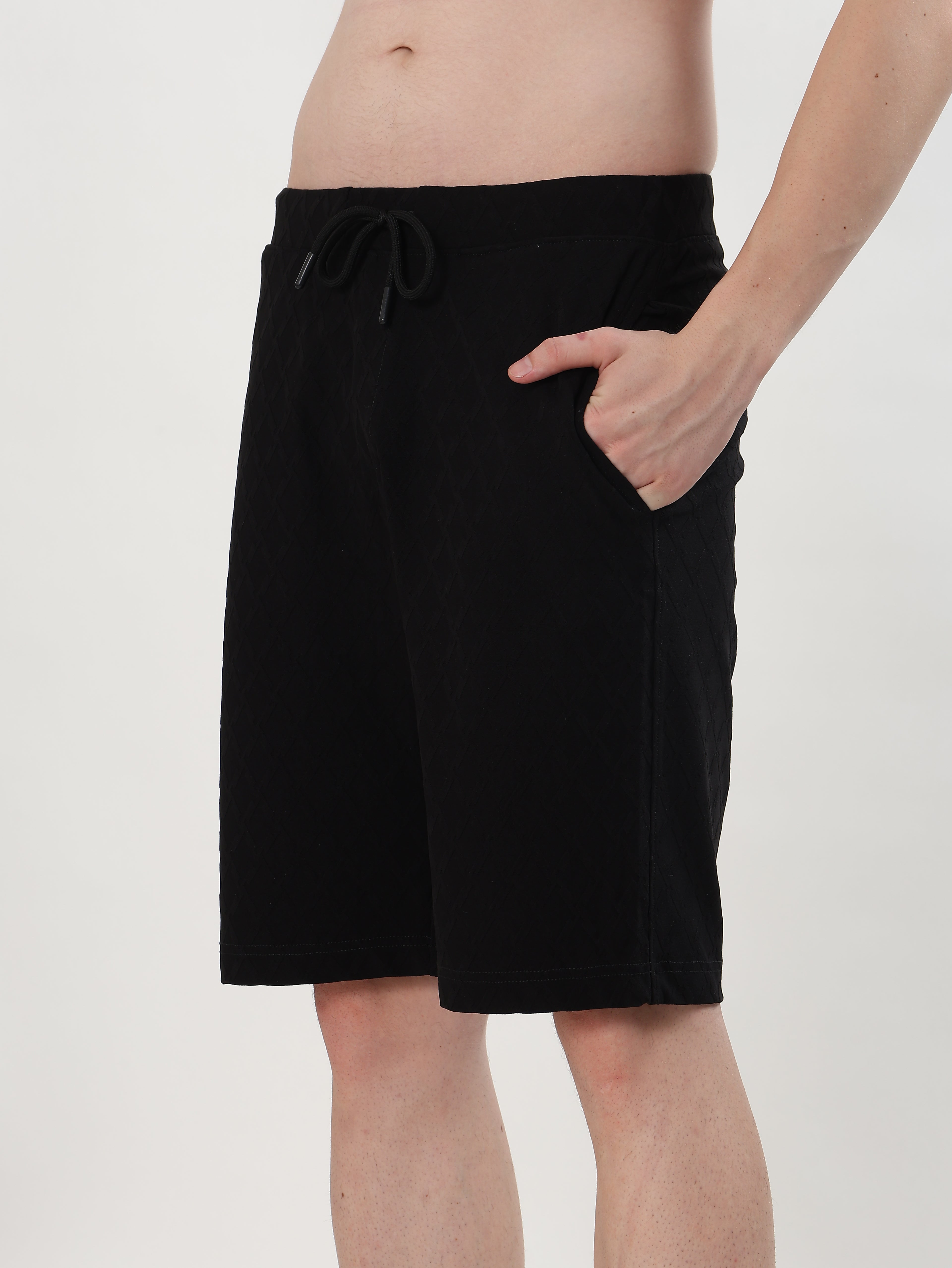 MEN BLACK TEXTURED POLO T-SHIRT AND SHORTS CO-ORD SET
