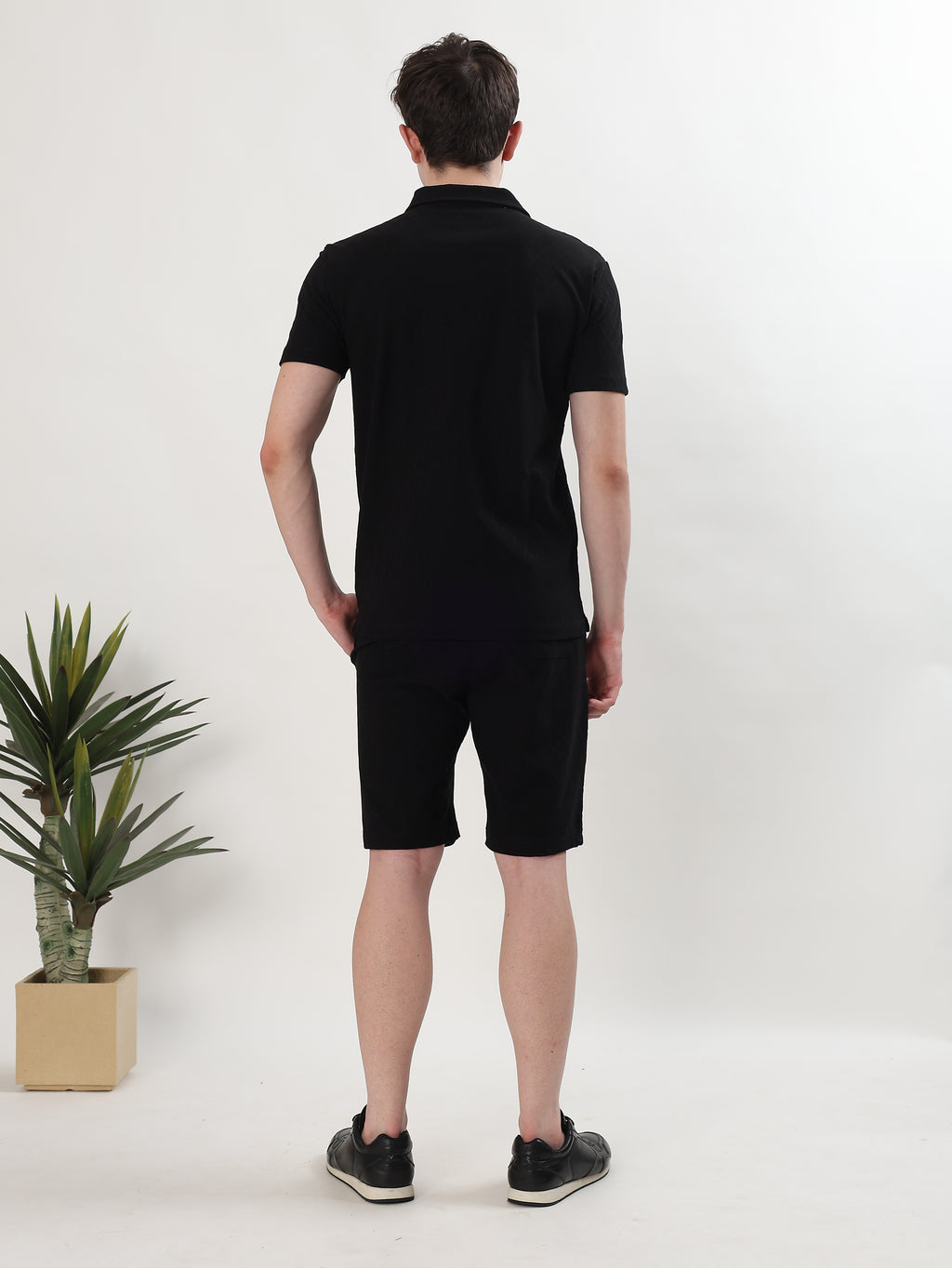 MEN BLACK TEXTURED POLO T-SHIRT AND SHORTS CO-ORD SET