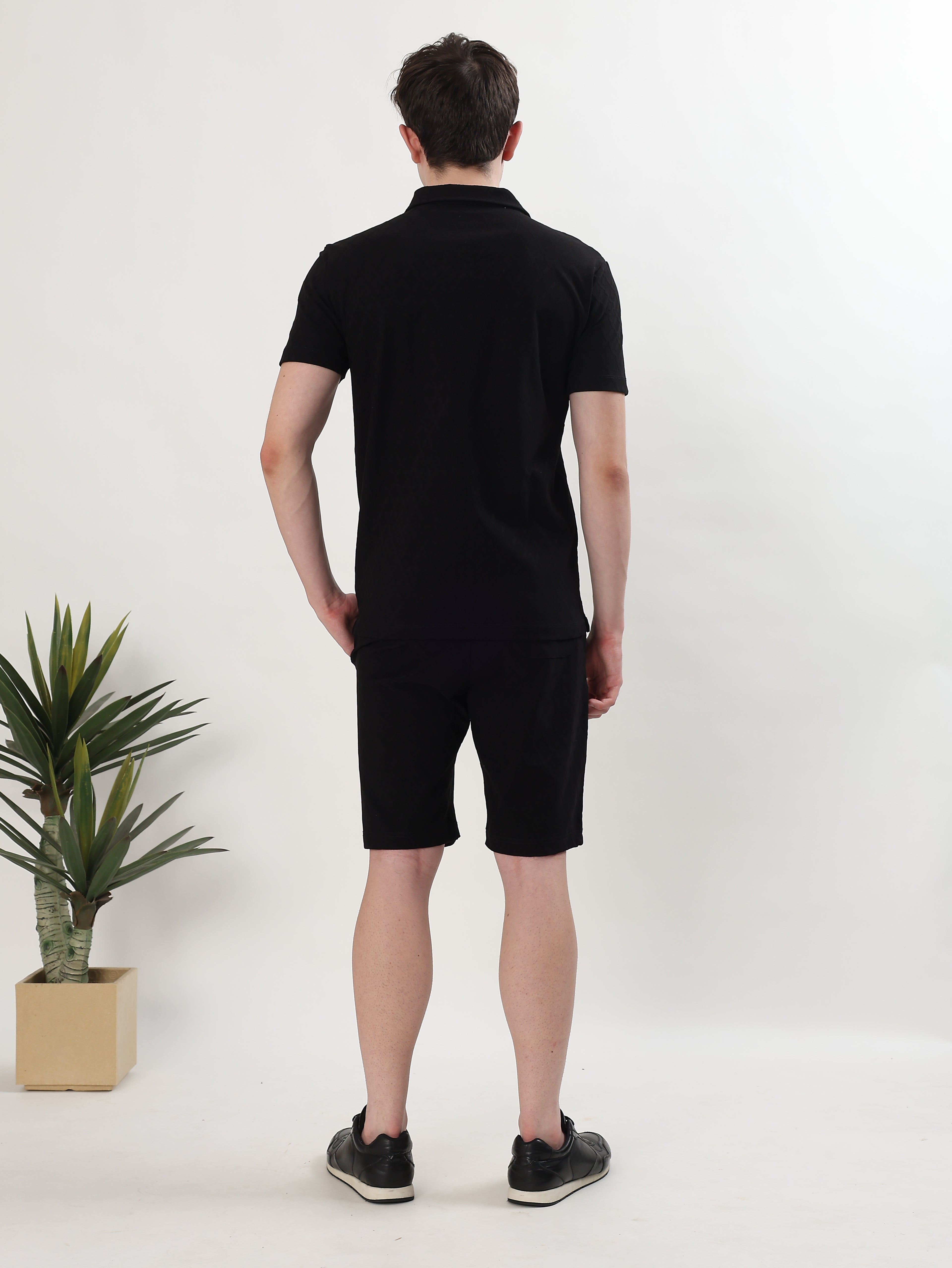 MEN BLACK TEXTURED POLO T-SHIRT AND SHORTS CO-ORD SET