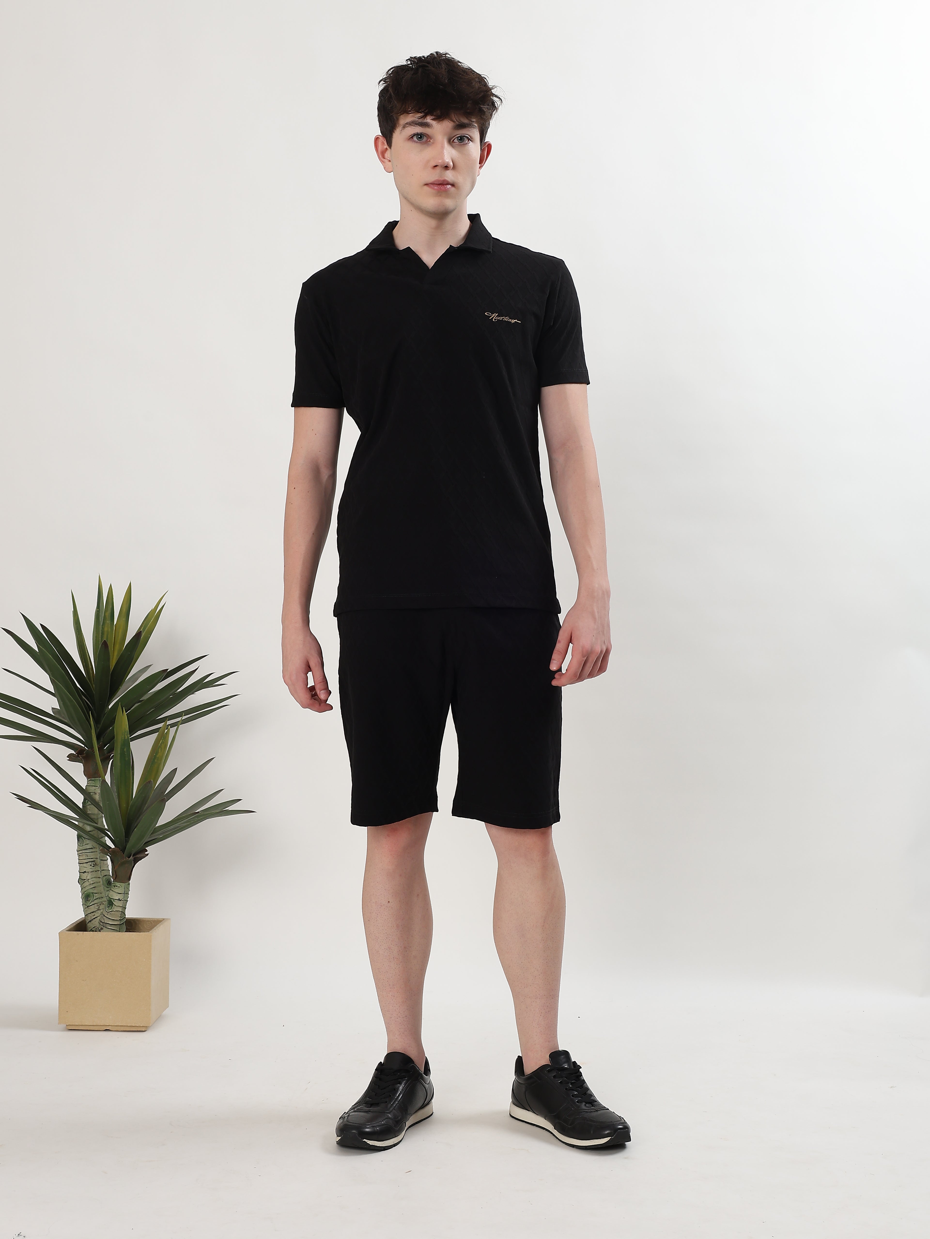 MEN BLACK TEXTURED POLO T-SHIRT AND SHORTS CO-ORD SET