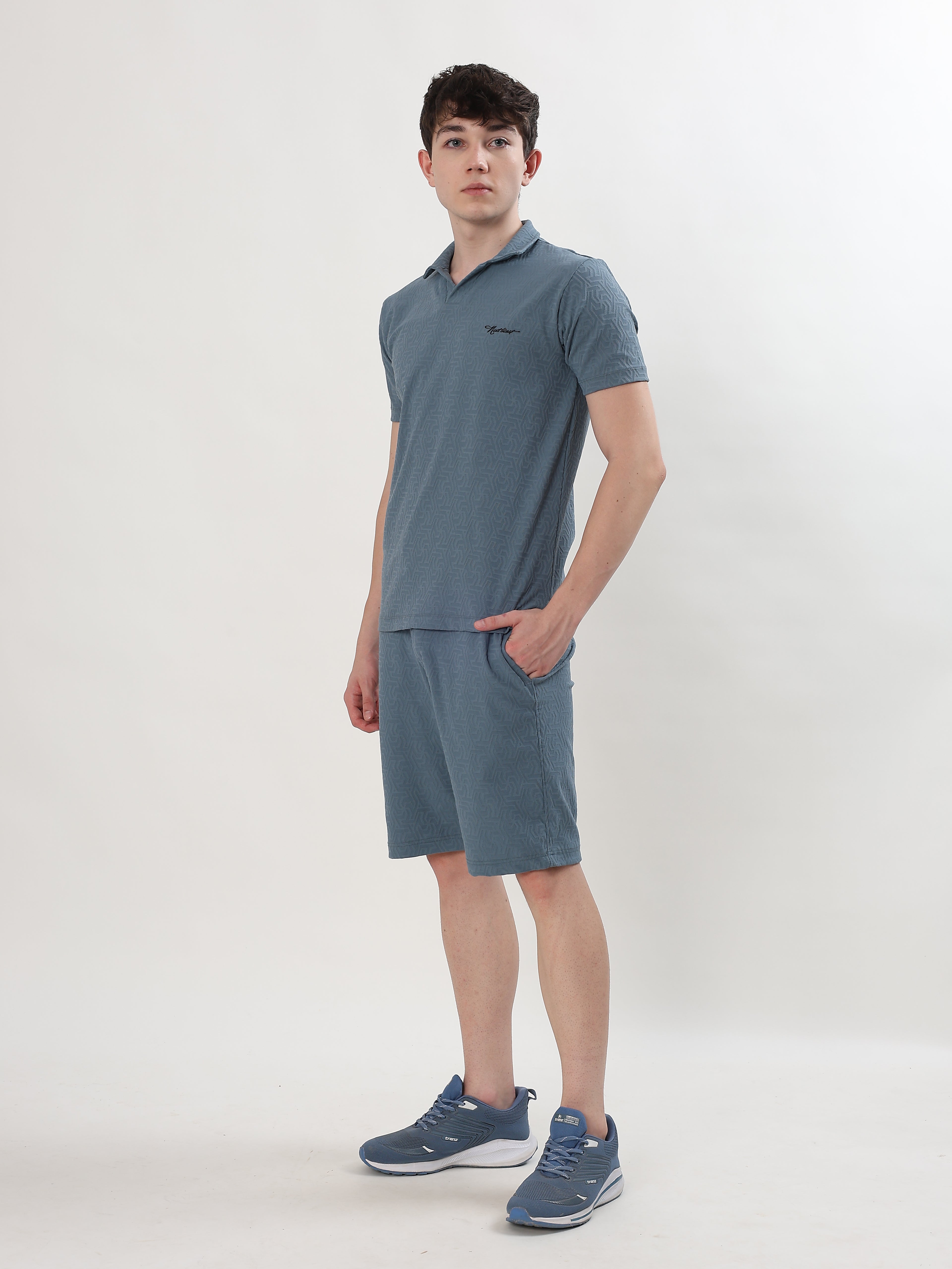 MEN BLUE TEXTURED POLO T-SHIRT AND SHORTS CO-ORD SET