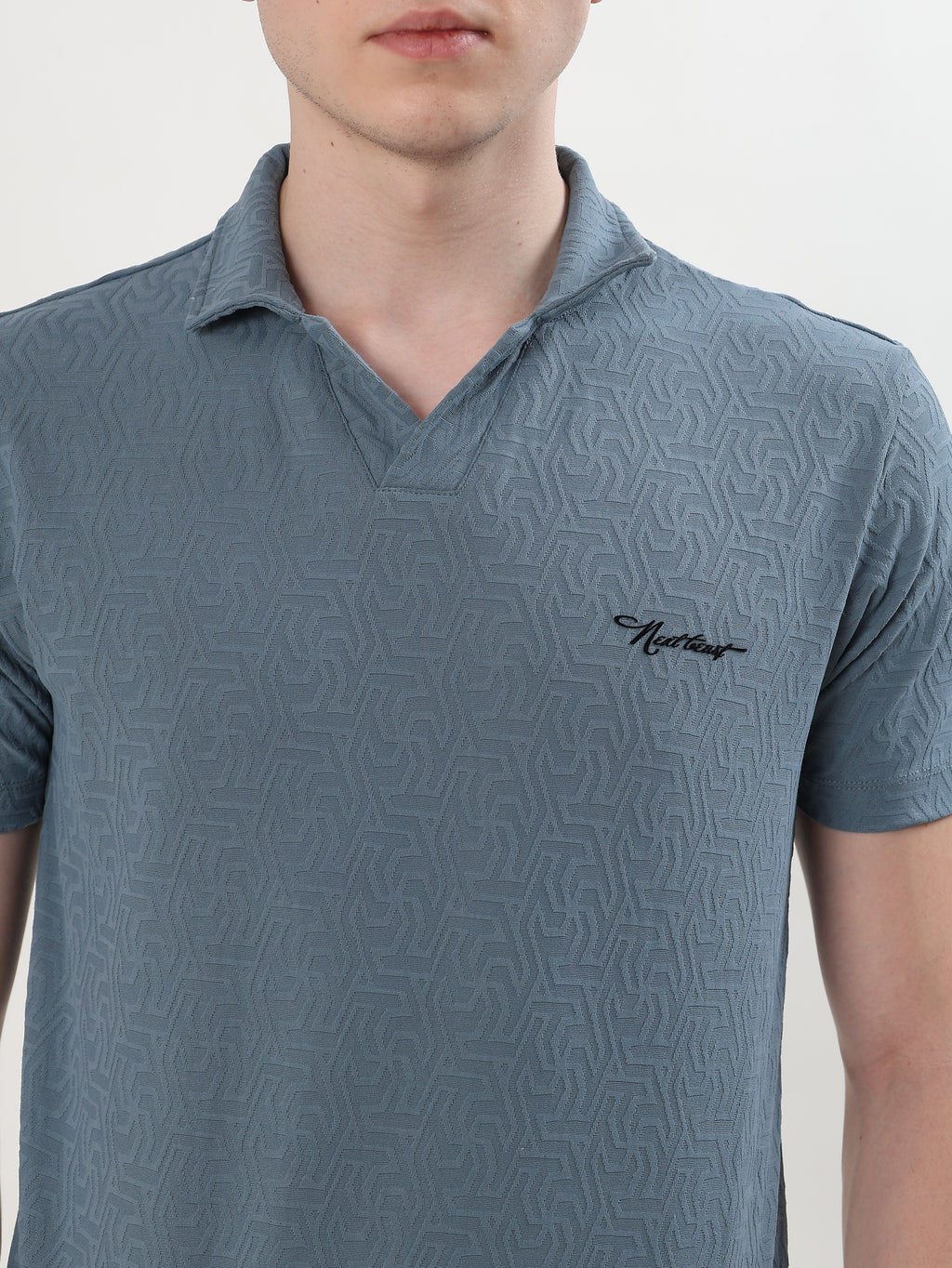 MEN BLUE TEXTURED POLO T-SHIRT AND SHORTS CO-ORD SET