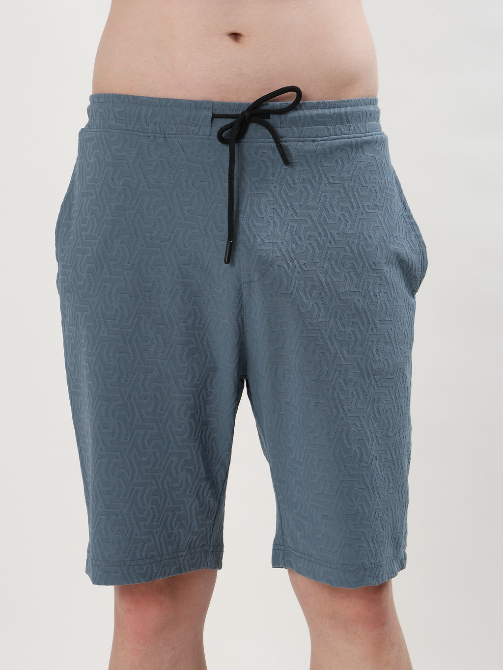 MEN BLUE TEXTURED POLO T-SHIRT AND SHORTS CO-ORD SET