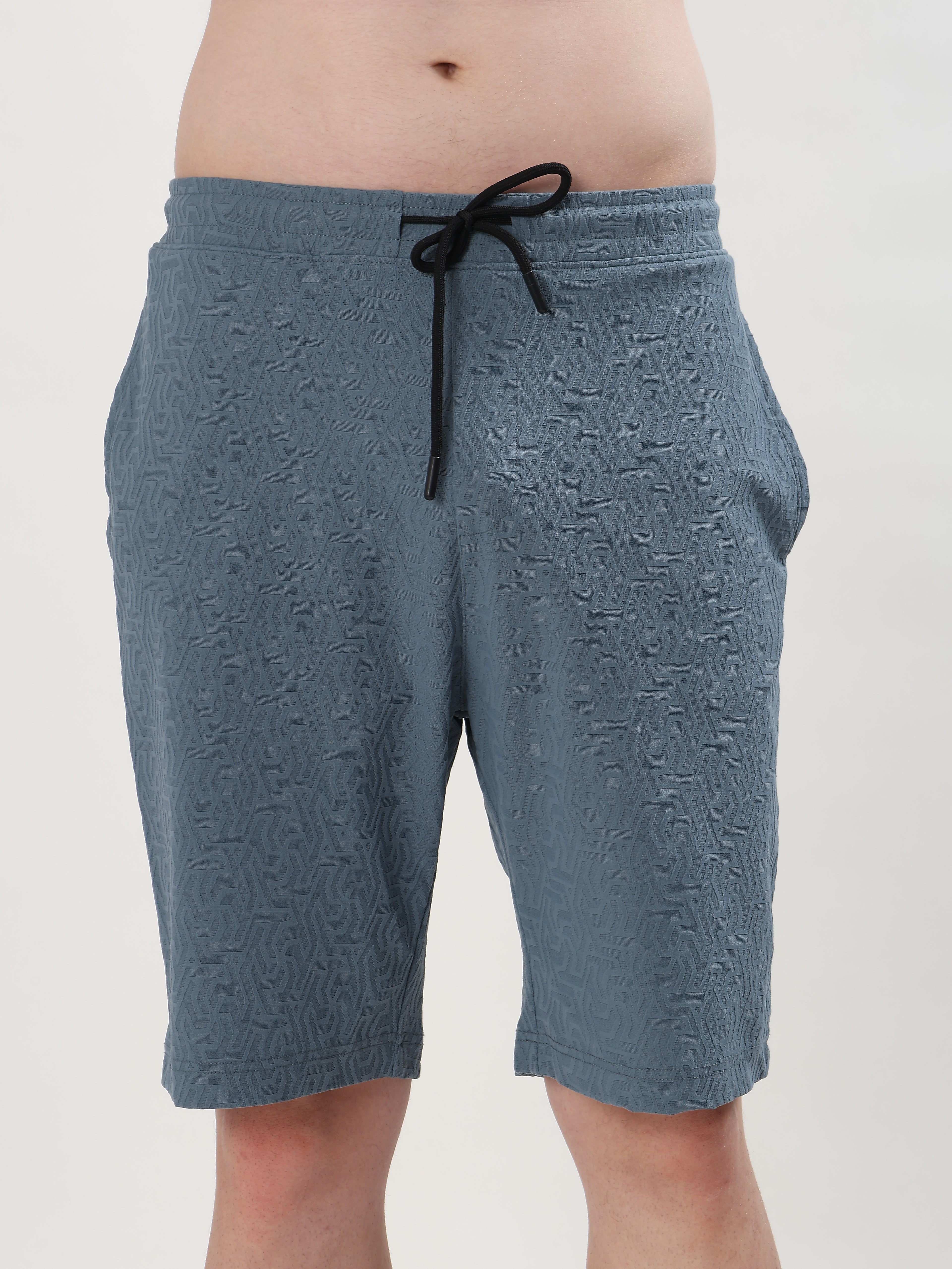 MEN BLUE TEXTURED POLO T-SHIRT AND SHORTS CO-ORD SET