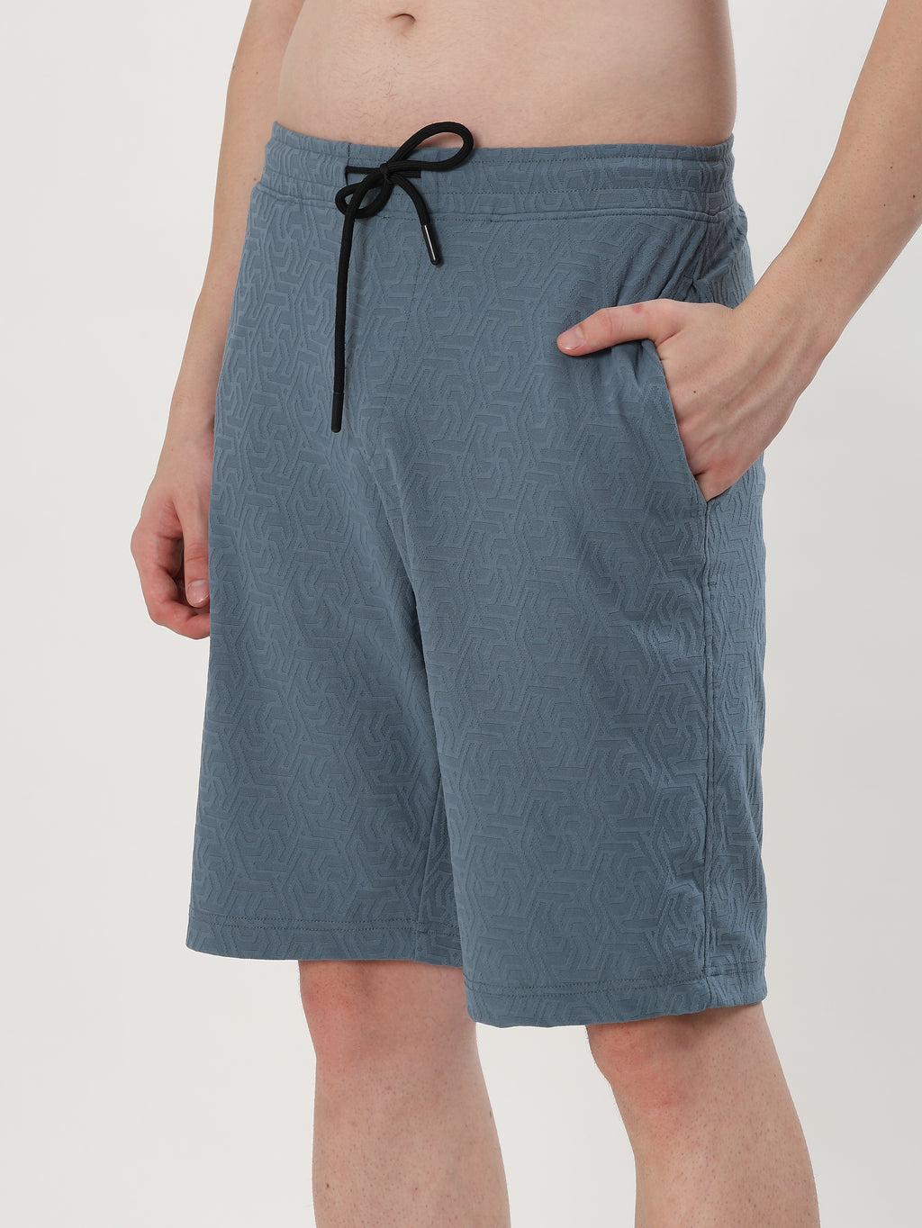 MEN BLUE TEXTURED POLO T-SHIRT AND SHORTS CO-ORD SET
