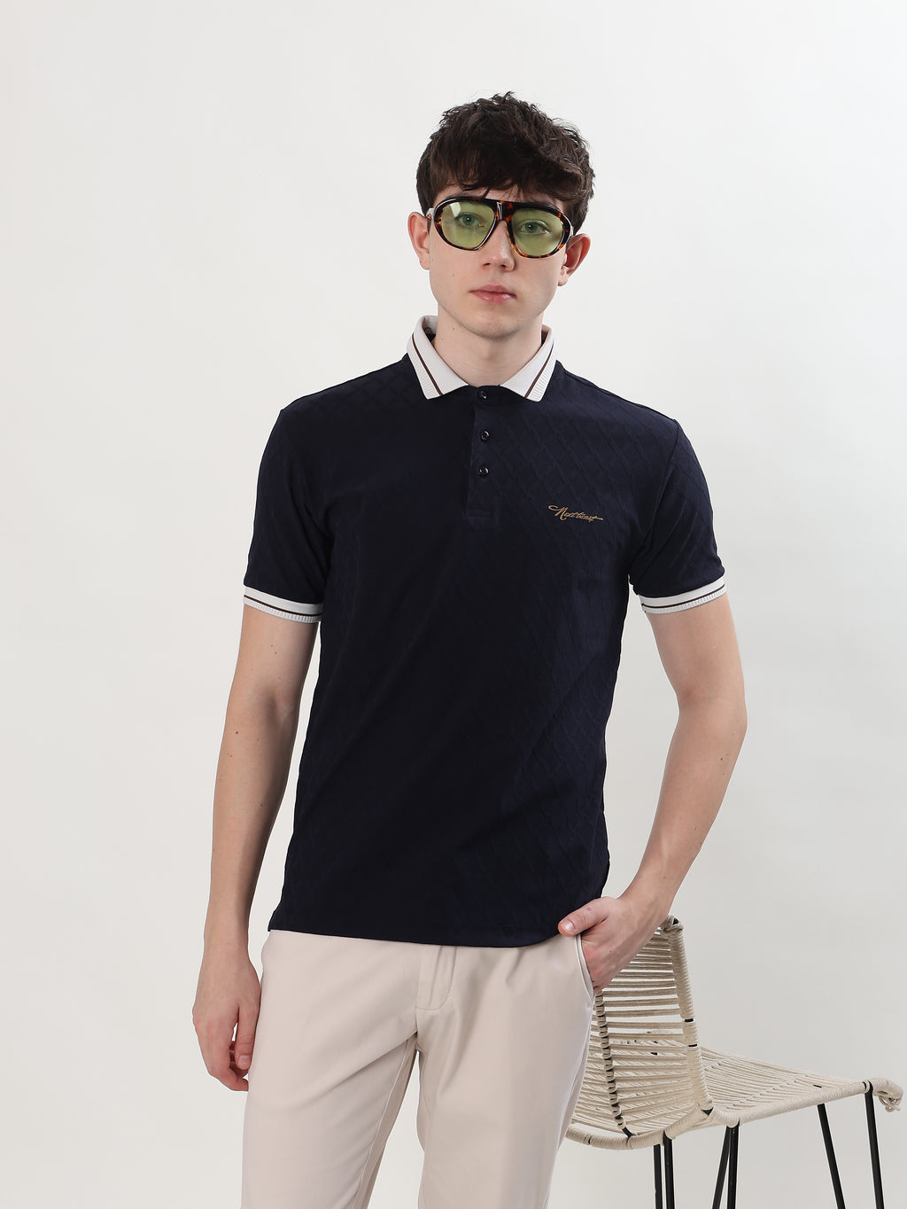 MEN NAVY BLUE REGULAR FIT POLO T-SHIRT