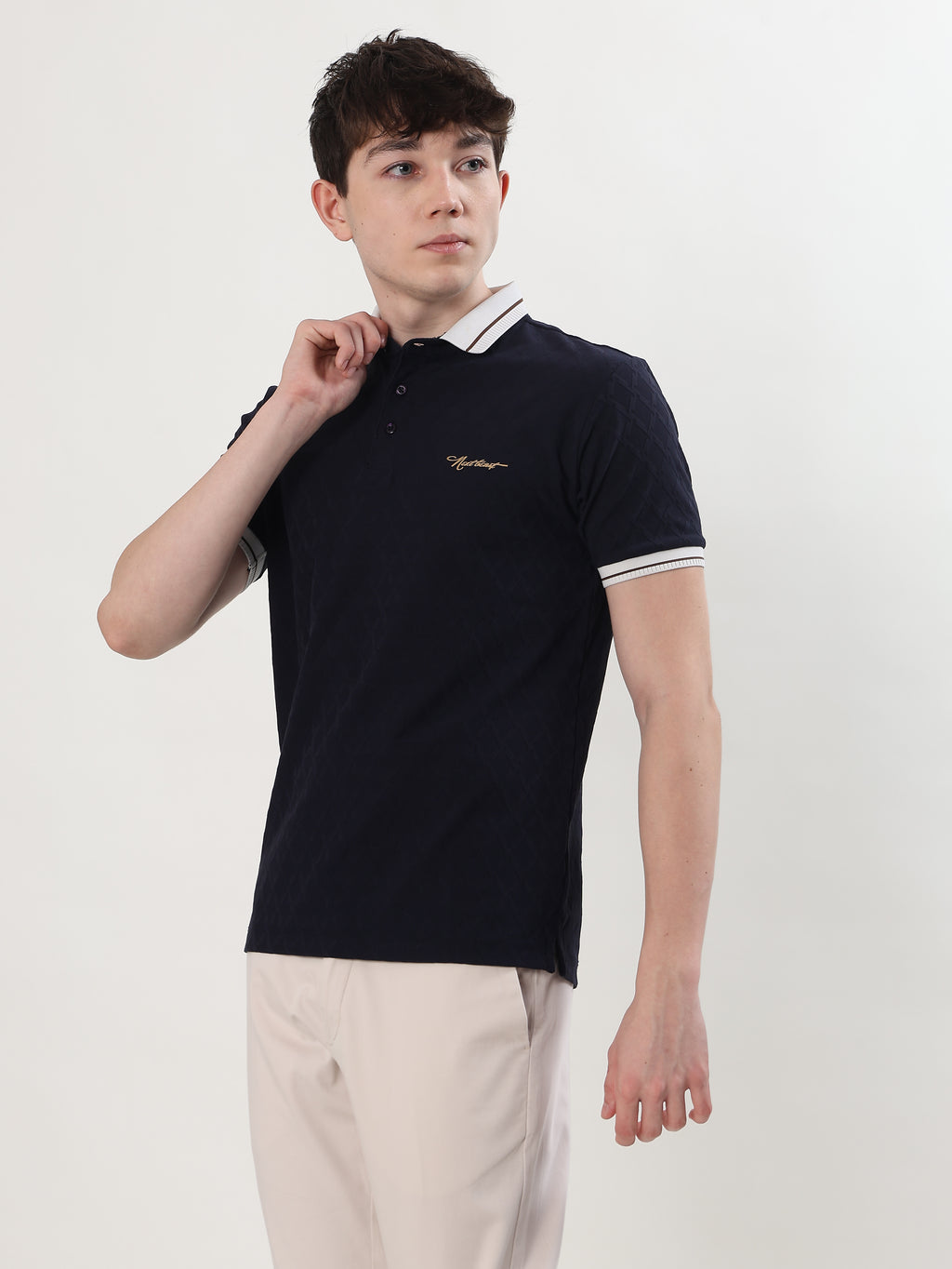 MEN NAVY BLUE REGULAR FIT POLO T-SHIRT
