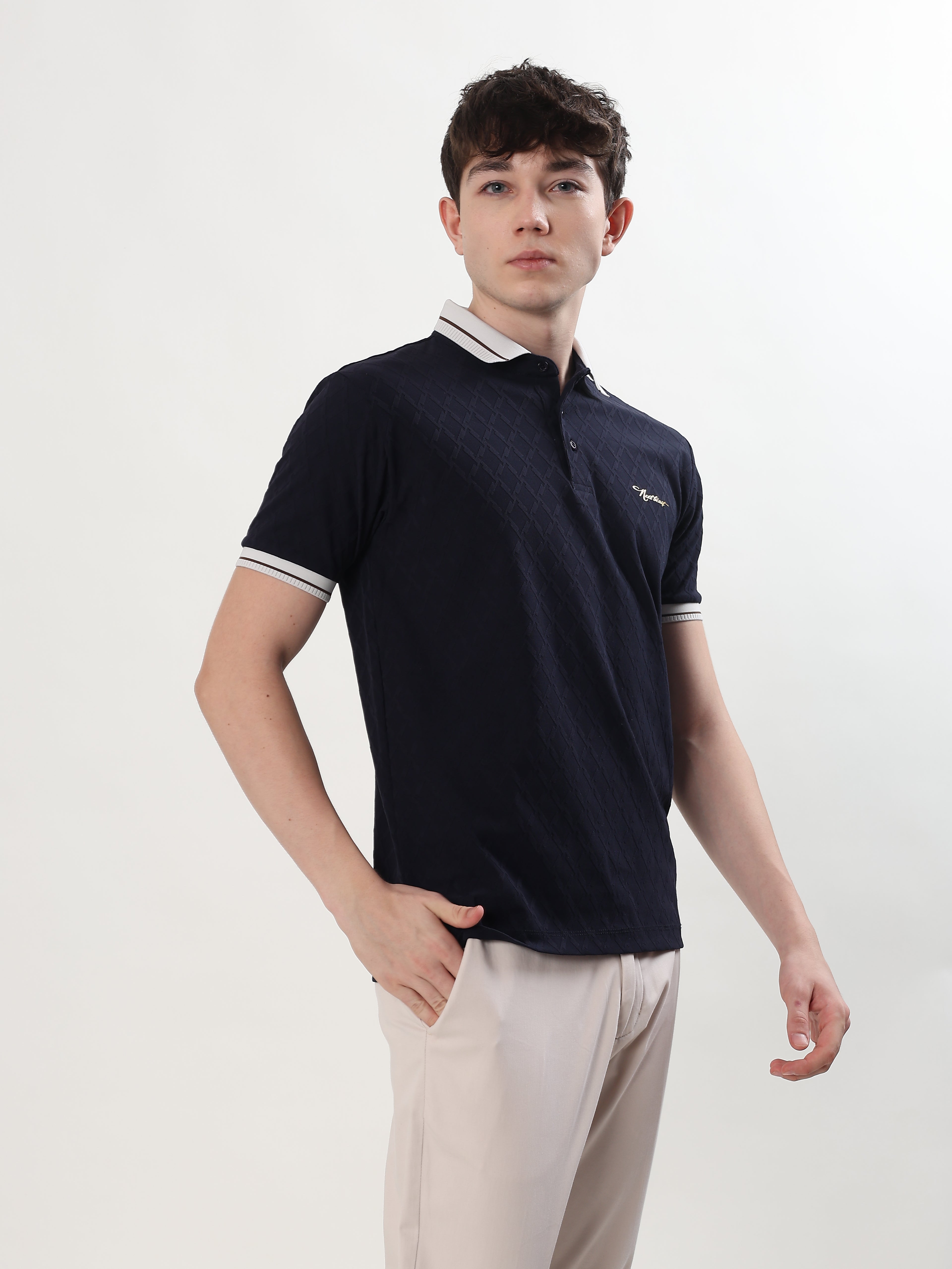 MEN NAVY BLUE REGULAR FIT POLO T-SHIRT