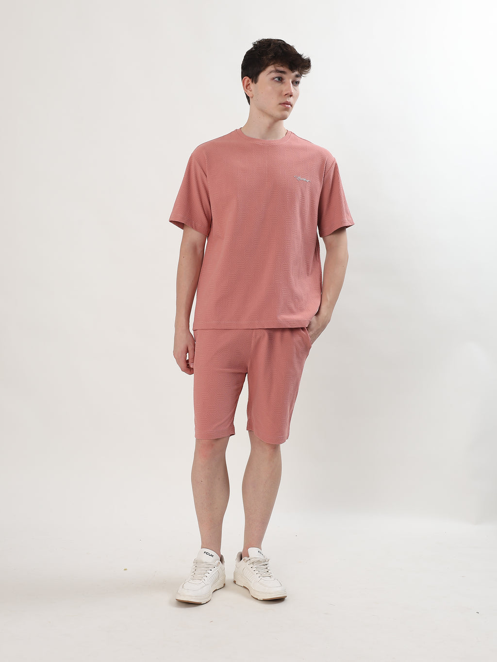 MEN DUSTY ROSE TEXTURED T-SHIRT AND SHORTS CO-ORD SET