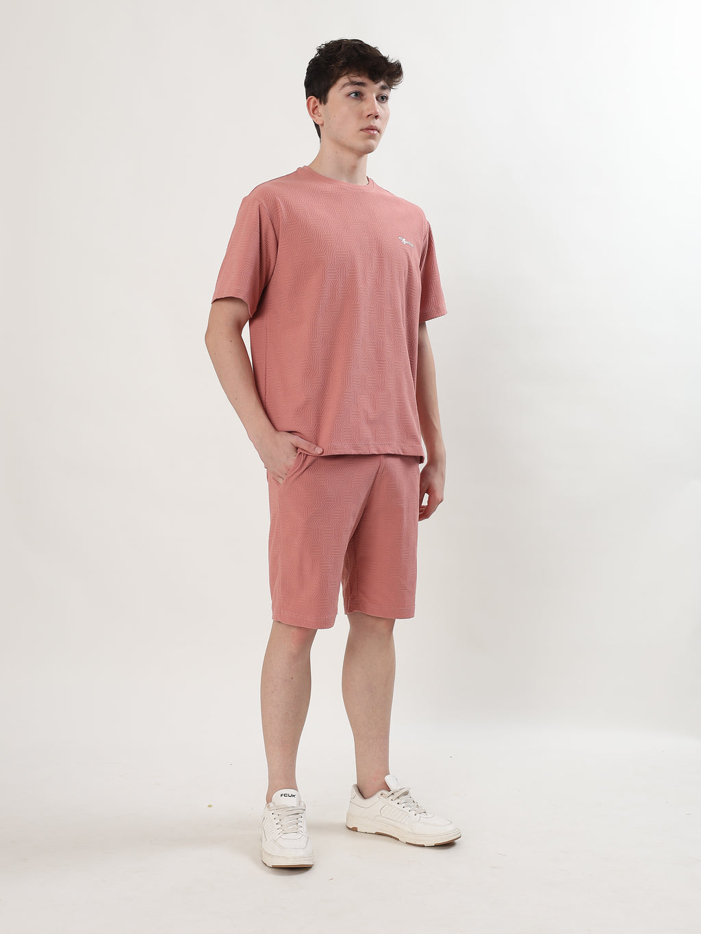 MEN DUSTY ROSE TEXTURED T-SHIRT AND SHORTS CO-ORD SET