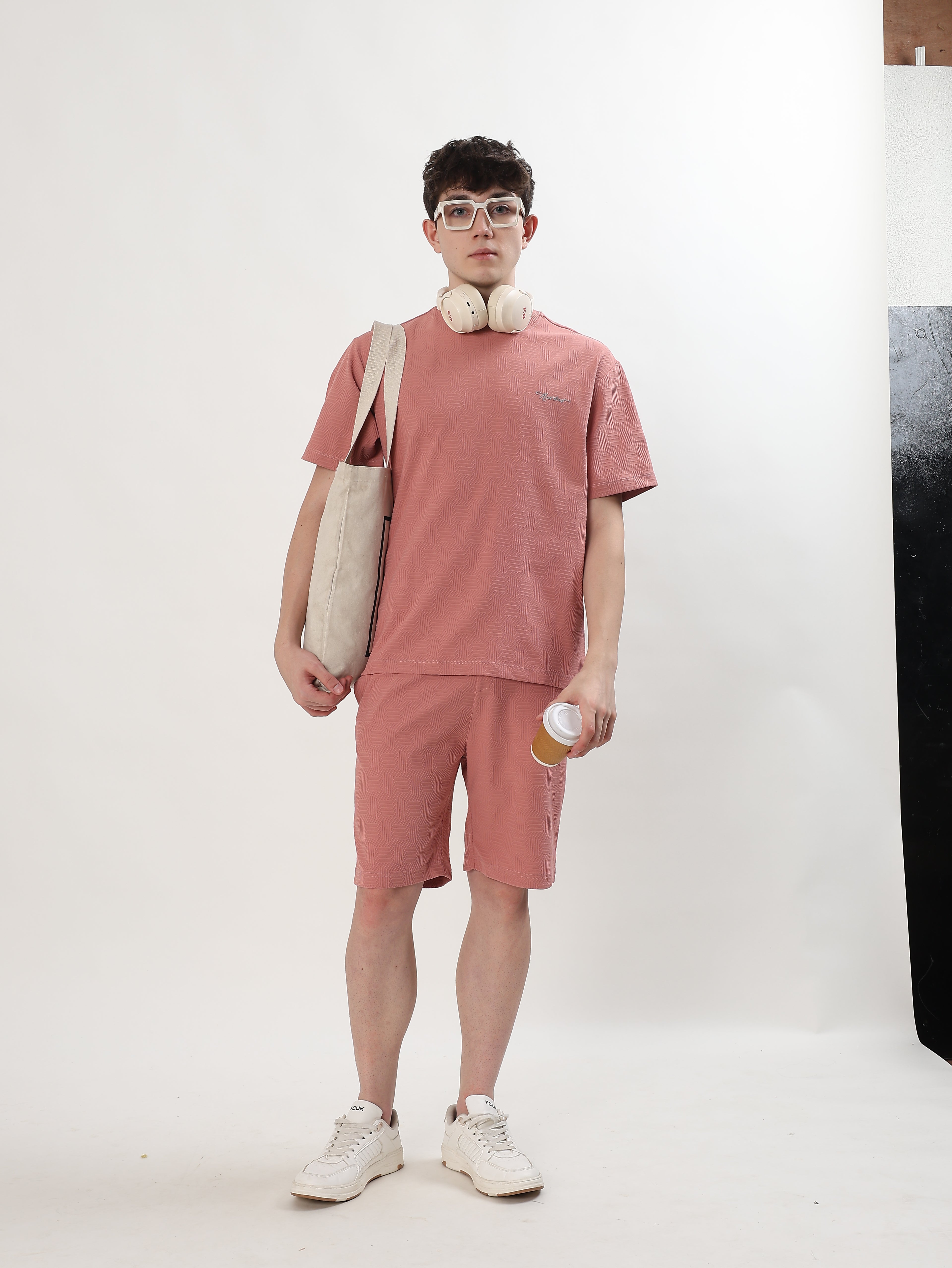 MEN DUSTY ROSE TEXTURED T-SHIRT AND SHORTS CO-ORD SET