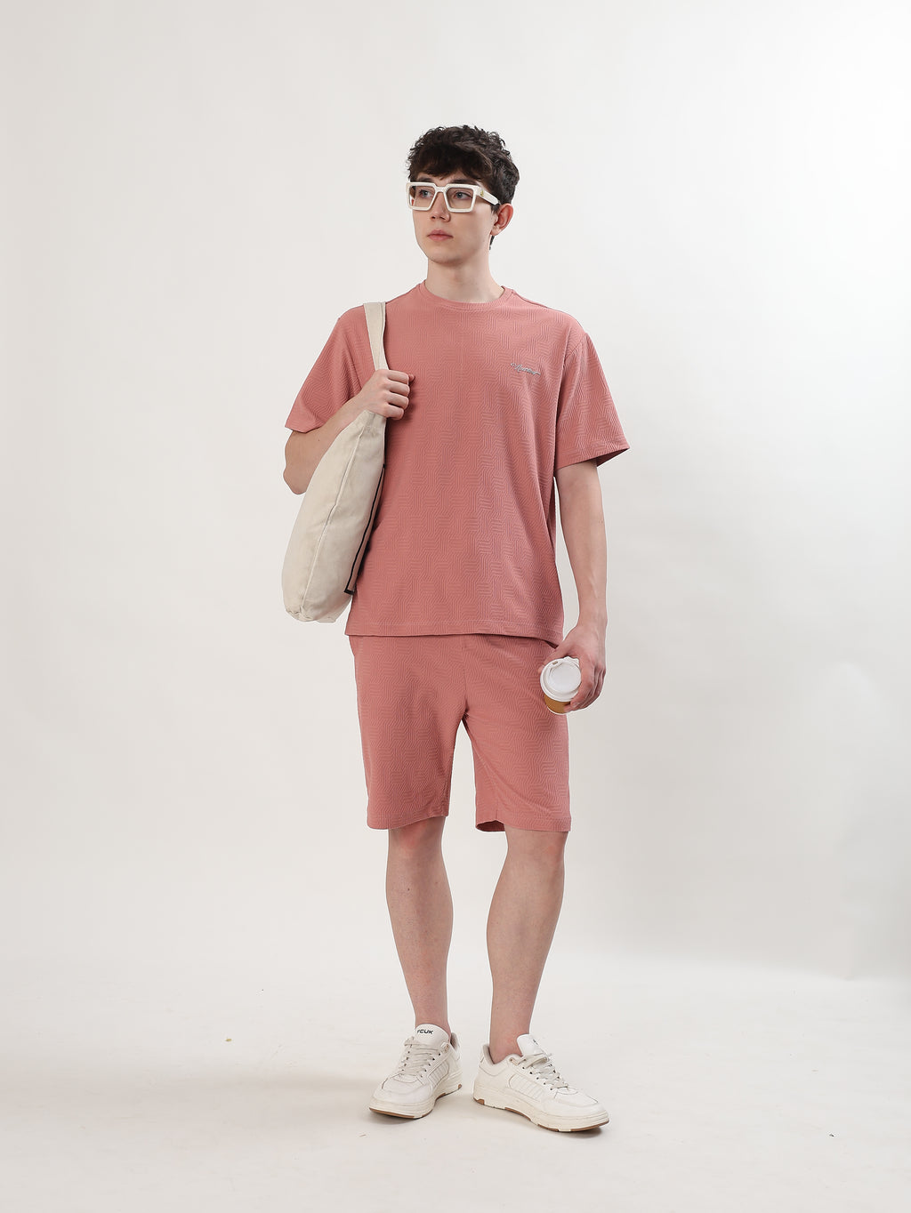 MEN DUSTY ROSE TEXTURED T-SHIRT AND SHORTS CO-ORD SET