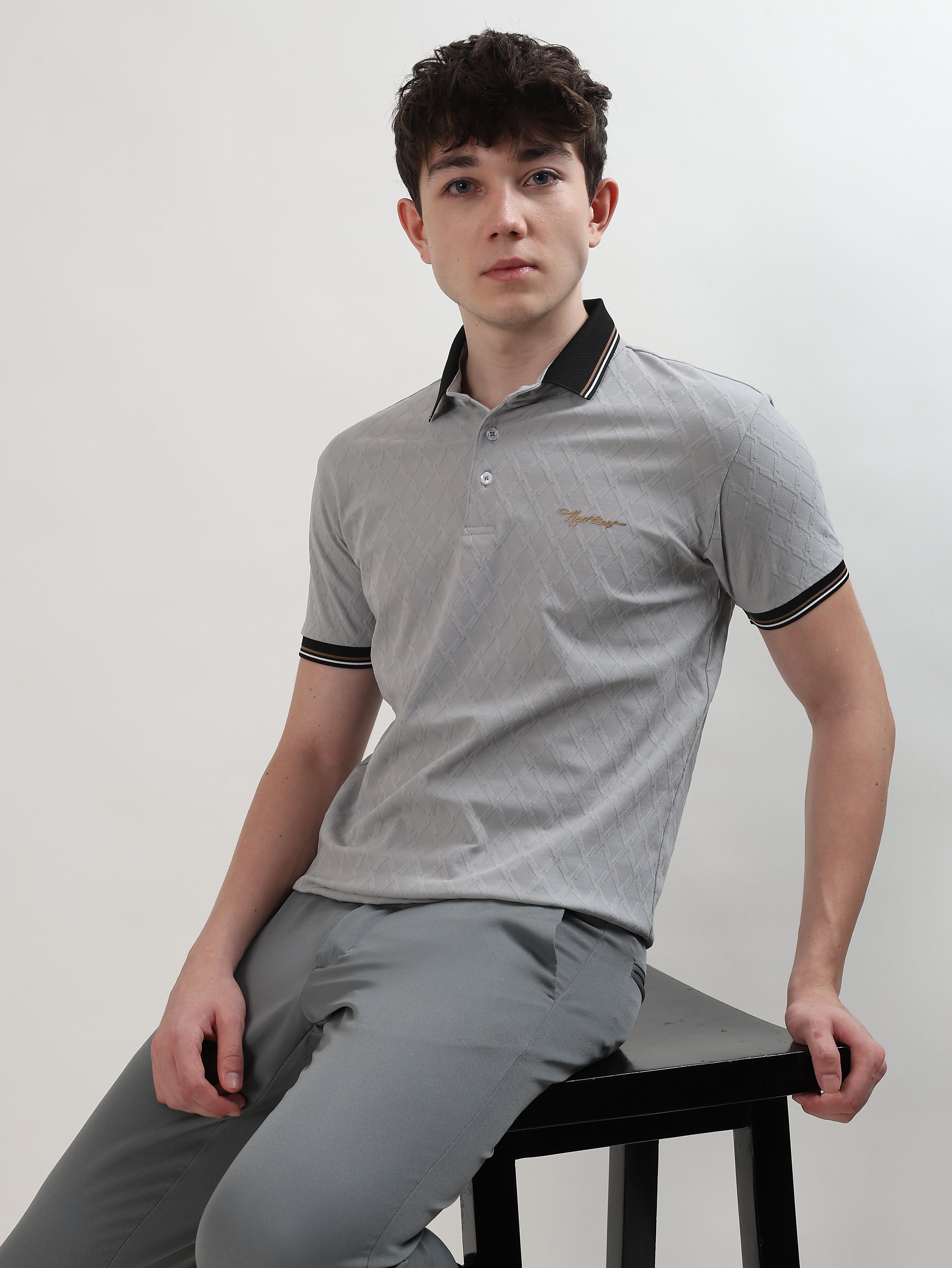 MEN GREY TEXTURED POLO T-SHIRT