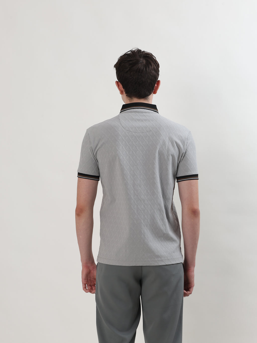 MEN GREY TEXTURED POLO T-SHIRT
