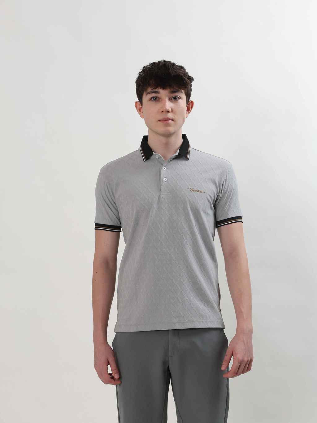 MEN GREY TEXTURED POLO T-SHIRT