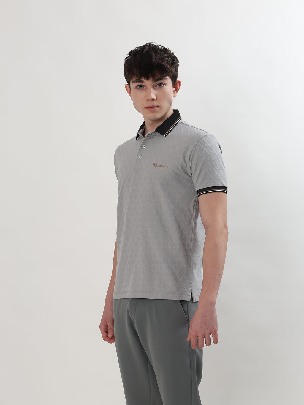 MEN GREY TEXTURED POLO T-SHIRT