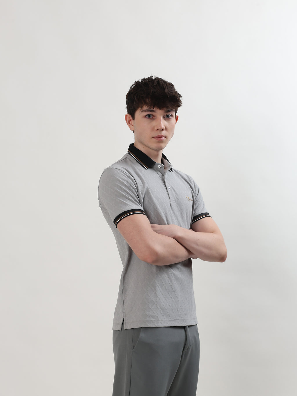 MEN GREY TEXTURED POLO T-SHIRT