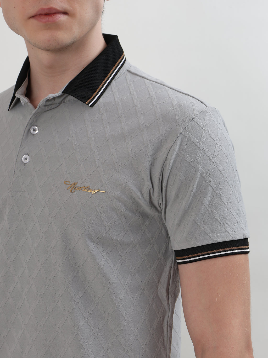 MEN GREY TEXTURED POLO T-SHIRT