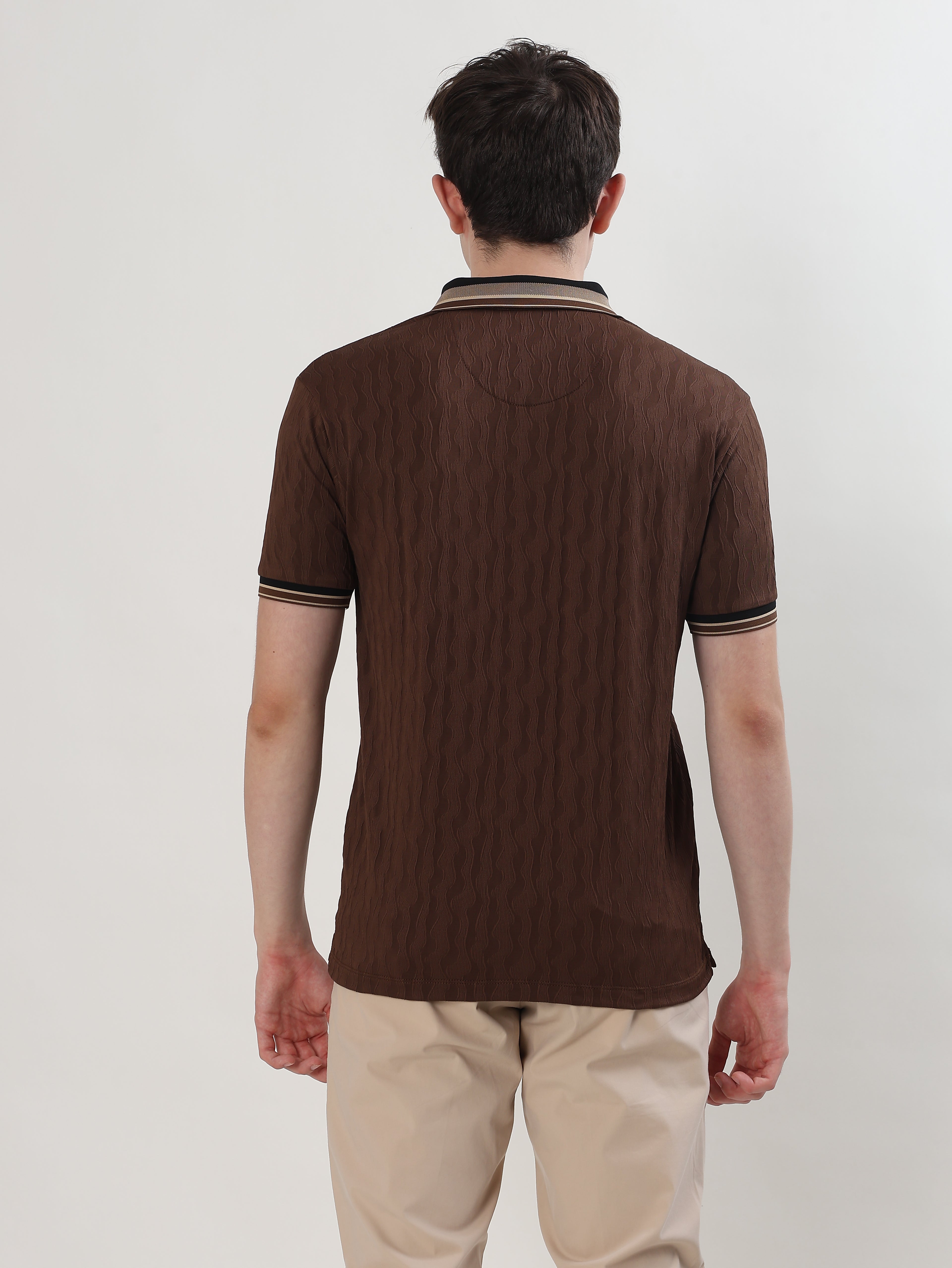 MEN COFFEE BROWN TEXTURED REGULAR FIT POLO T-SHIRT