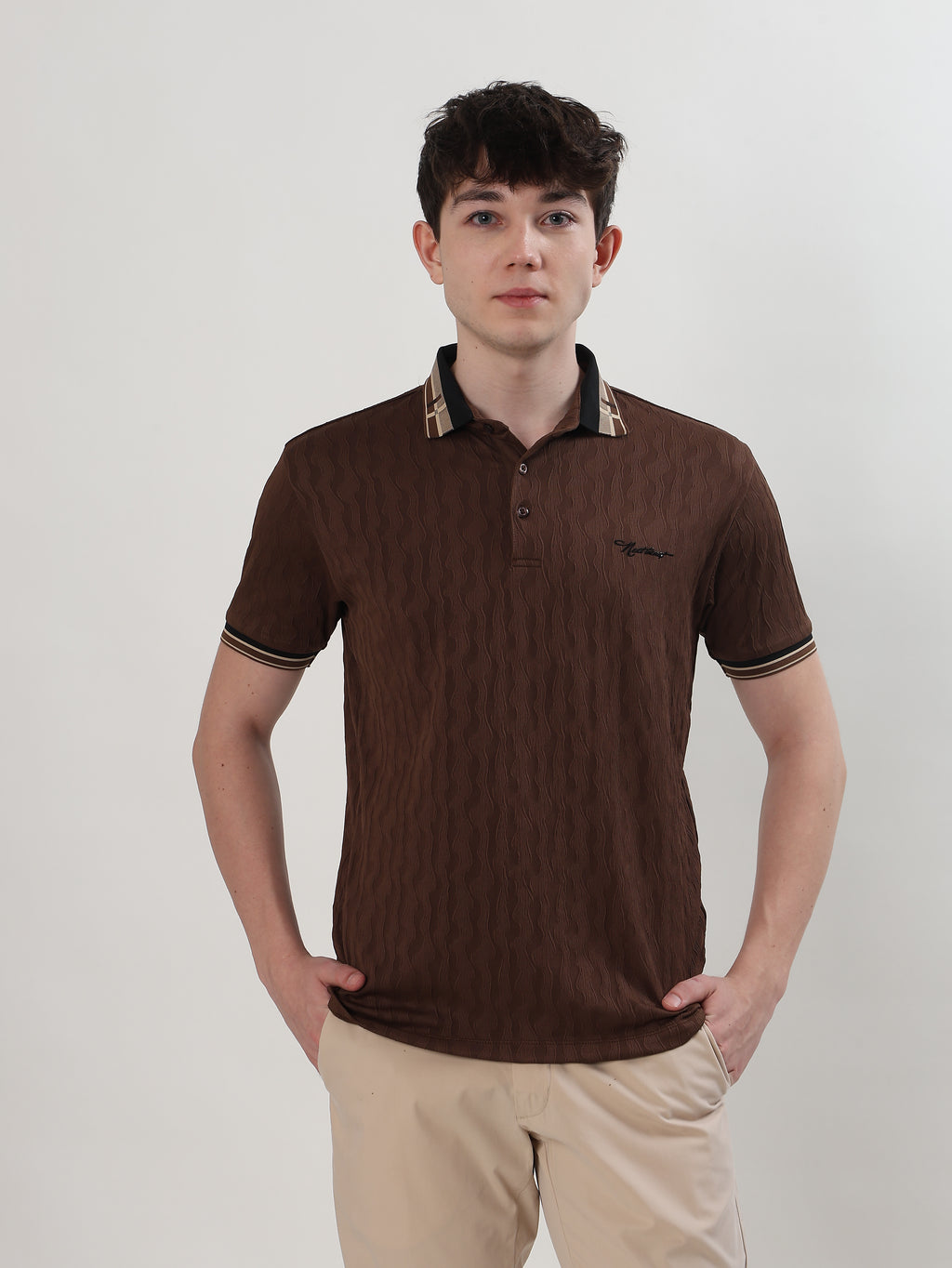 MEN COFFEE BROWN TEXTURED REGULAR FIT POLO T-SHIRT