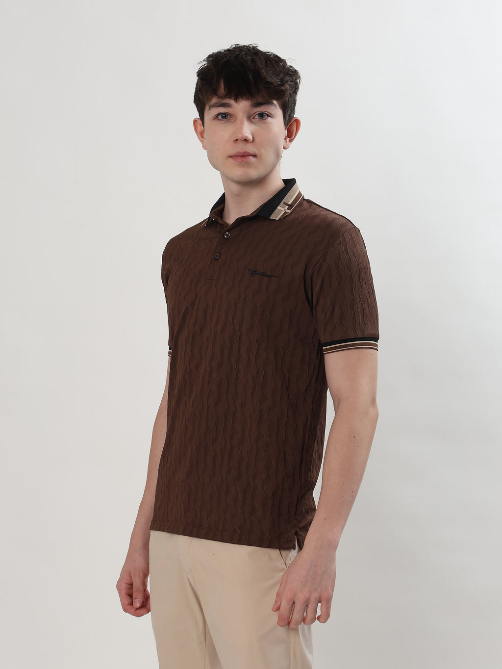 MEN COFFEE BROWN TEXTURED REGULAR FIT POLO T-SHIRT