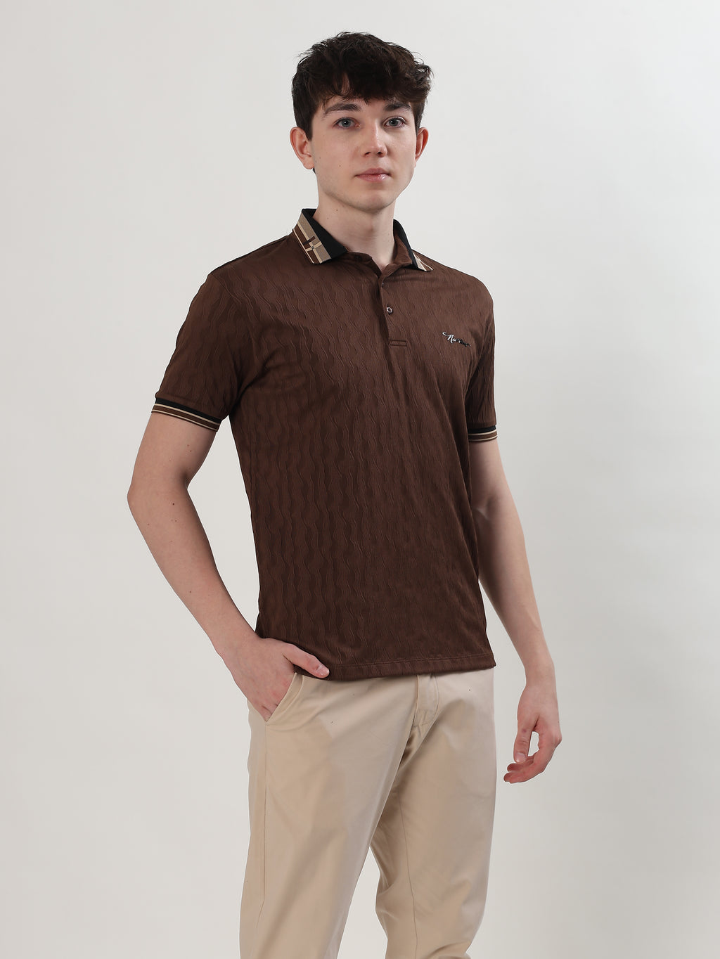 MEN COFFEE BROWN TEXTURED REGULAR FIT POLO T-SHIRT