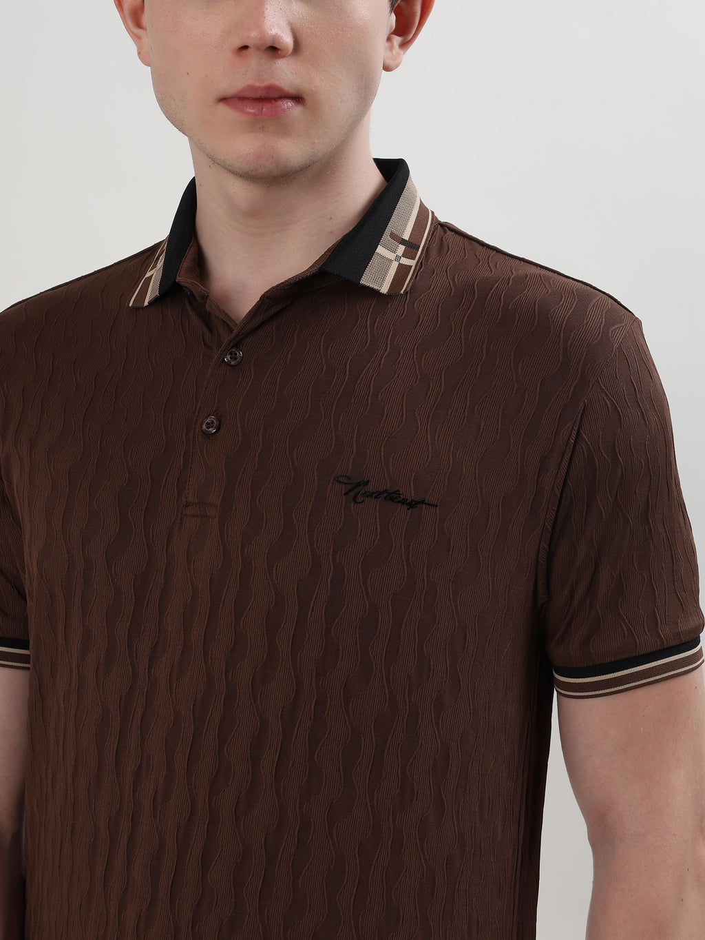 MEN COFFEE BROWN TEXTURED REGULAR FIT POLO T-SHIRT