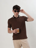 MEN COFFEE BROWN TEXTURED REGULAR FIT POLO T-SHIRT