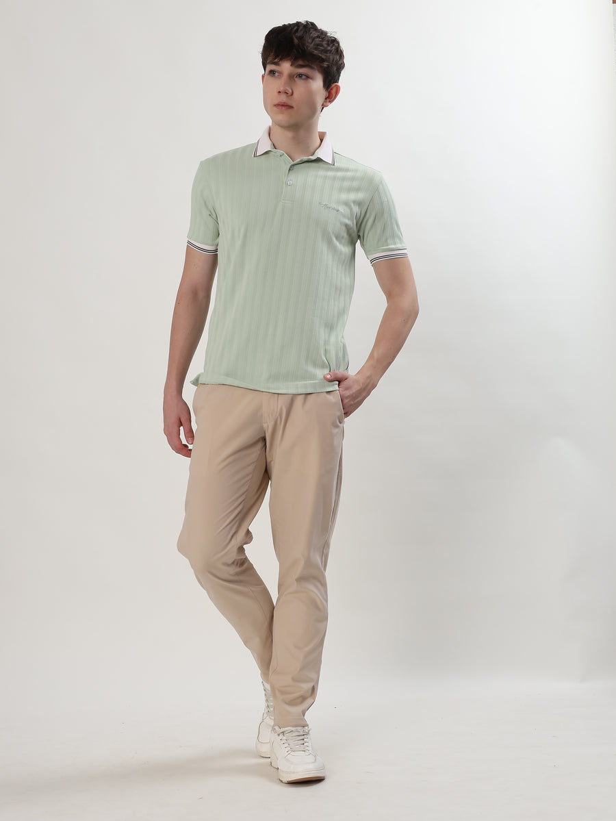 MEN MINT GREEN TEXTURED REGULAR FIT POLO T-SHIRT