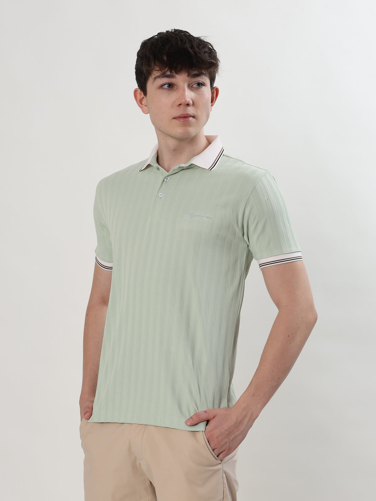 MEN MINT GREEN TEXTURED REGULAR FIT POLO T-SHIRT